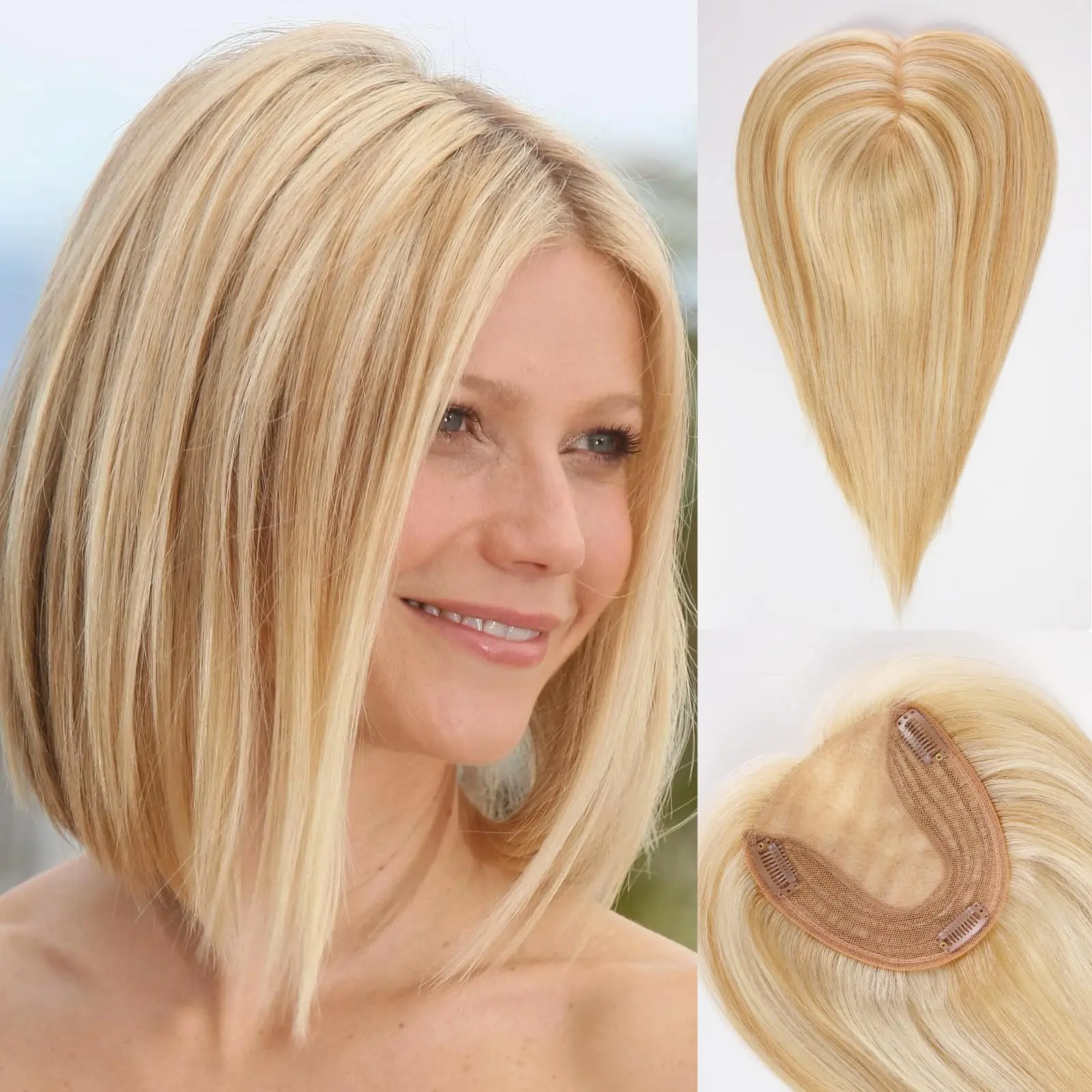 Brown Mixed Blonde Remy Human Hair Toppers Silk Base Clips in Straight 14 Inches Hairpieces Extension for Women 100% Human Hair