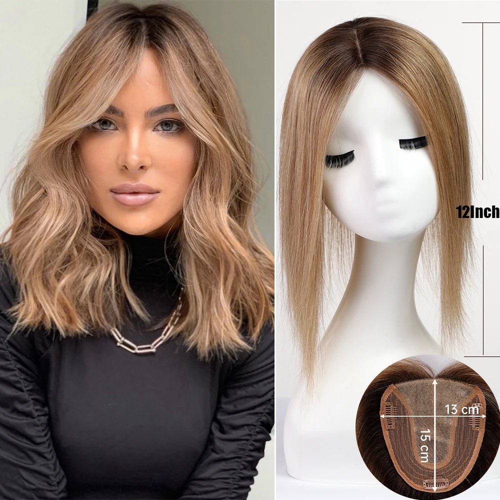 Brown Mixed Blonde Remy Human Hair Toppers Silk Base Clips in Straight 14 Inches Hairpieces Extension for Women 100% Human Hair