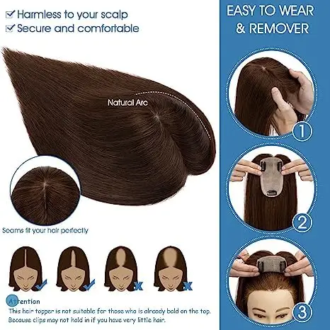 Brown Mixed Blonde Remy Human Hair Toppers Silk Base Clips in Straight 14 Inches Hairpieces Extension for Women 100% Human Hair