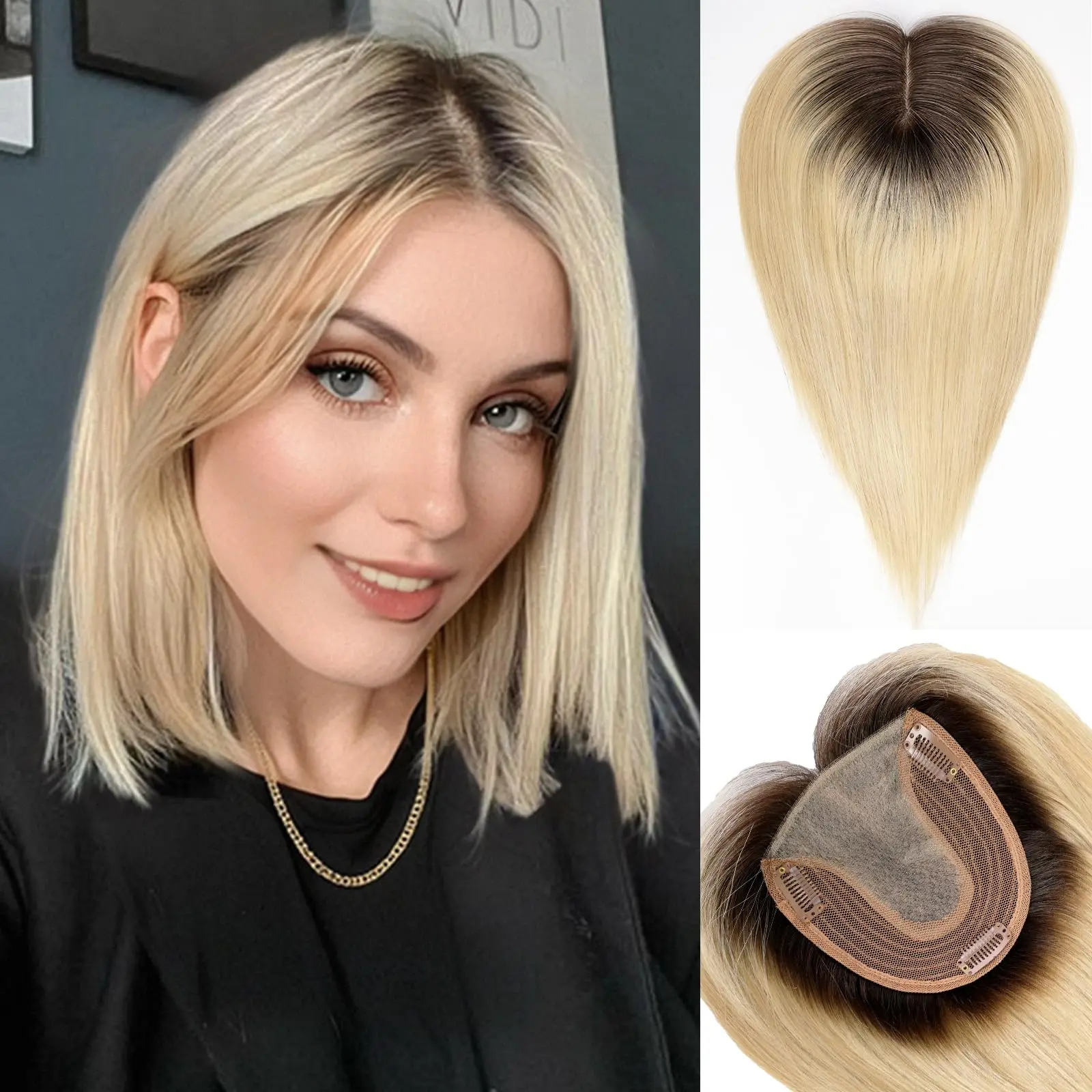 Brown Mixed Blonde Remy Human Hair Toppers Silk Base Clips in Straight 14 Inches Hairpieces Extension for Women 100% Human Hair