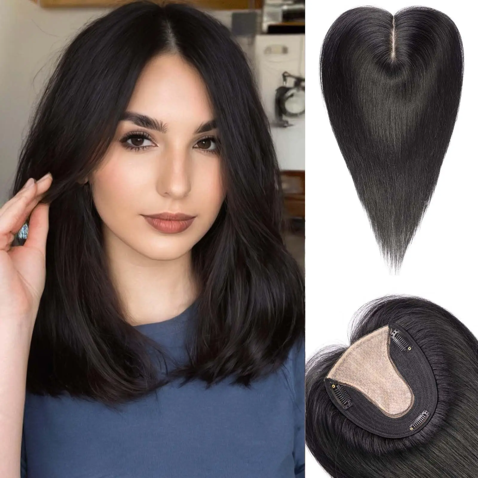 Brown Mixed Blonde Remy Human Hair Toppers Silk Base Clips in Straight 14 Inches Hairpieces Extension for Women 100% Human Hair