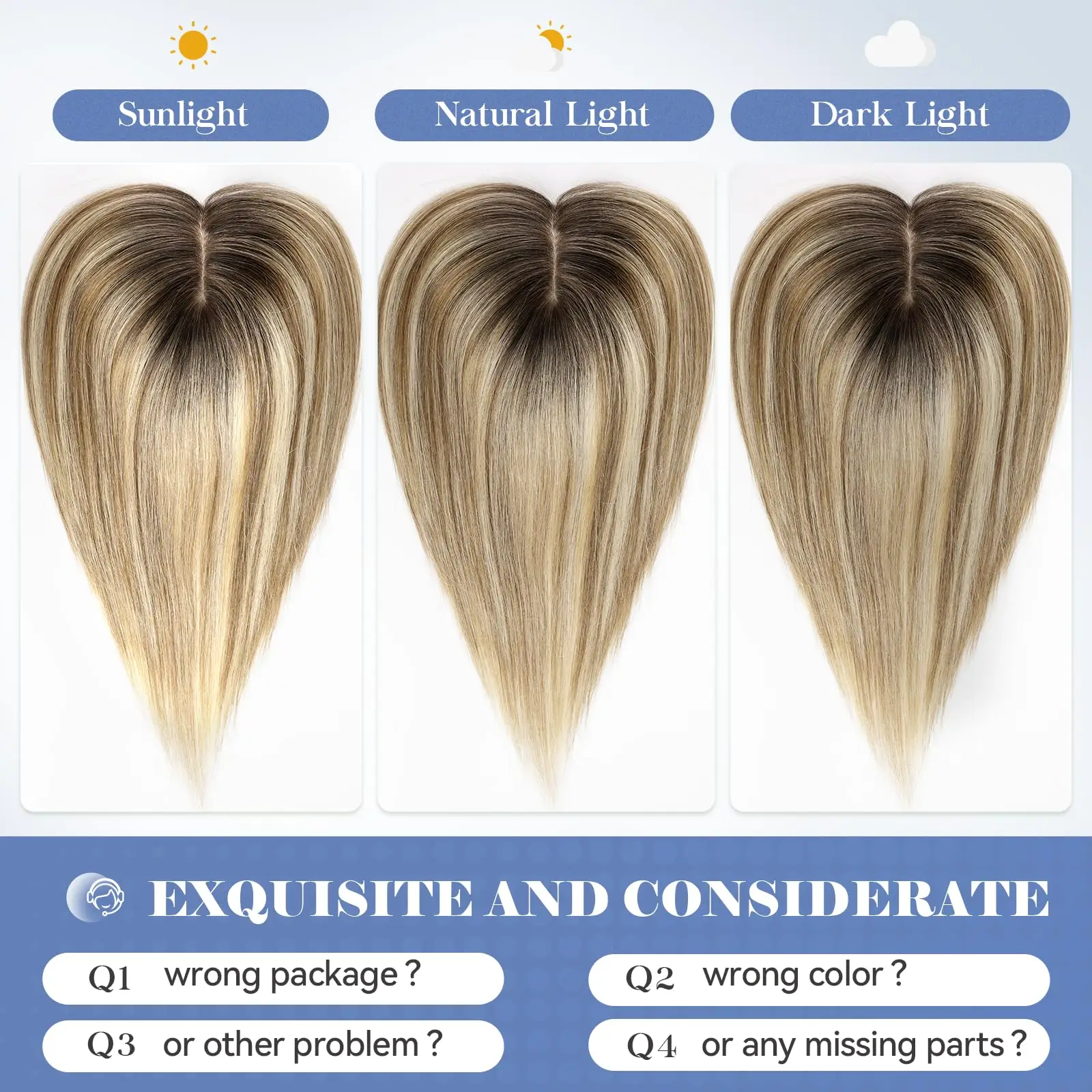 Brown Mixed Blonde Remy Human Hair Toppers Silk Base Clips in Straight 14 Inches Hairpieces Extension for Women 100% Human Hair