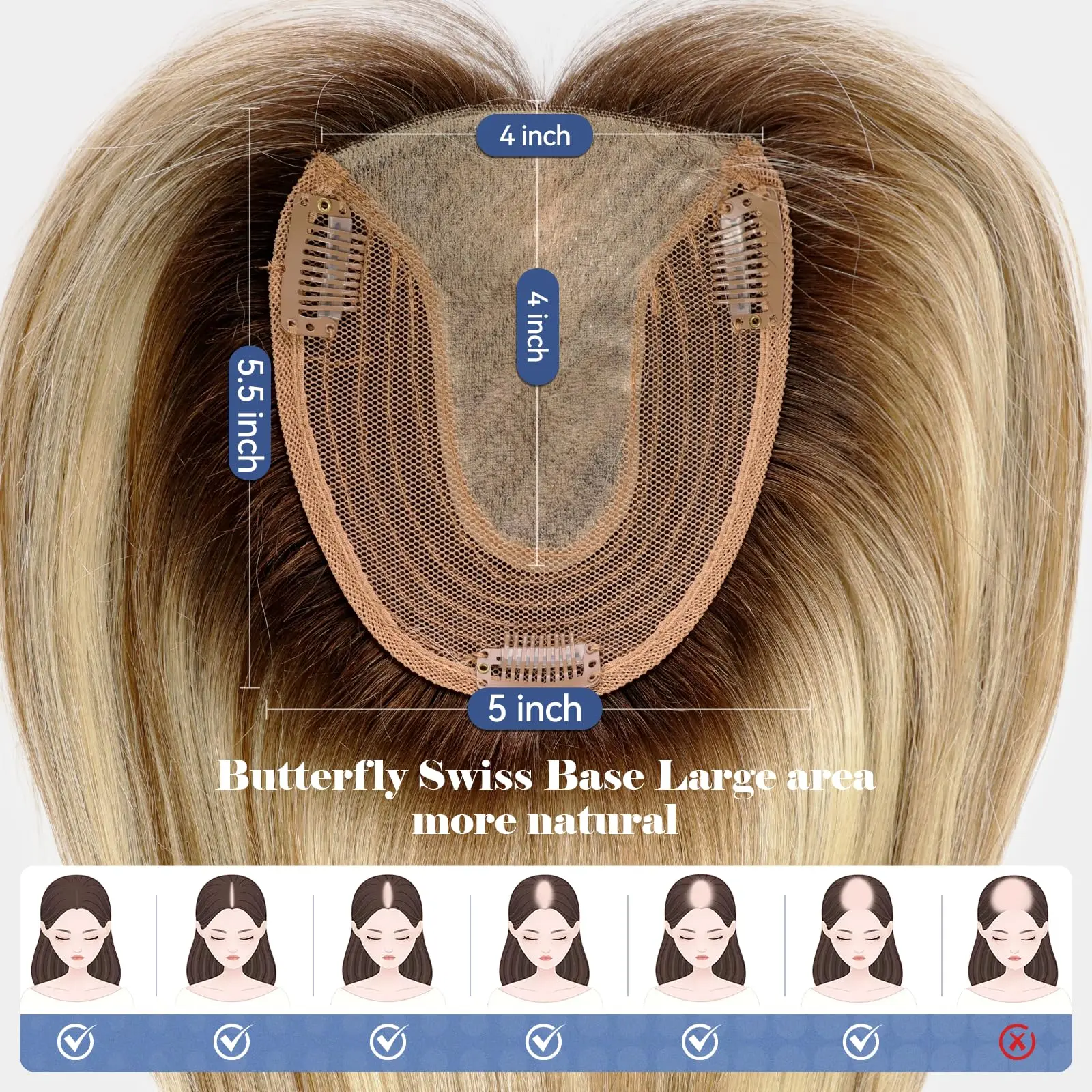 Brown Mixed Blonde Remy Human Hair Toppers Silk Base Clips in Straight 14 Inches Hairpieces Extension for Women 100% Human Hair