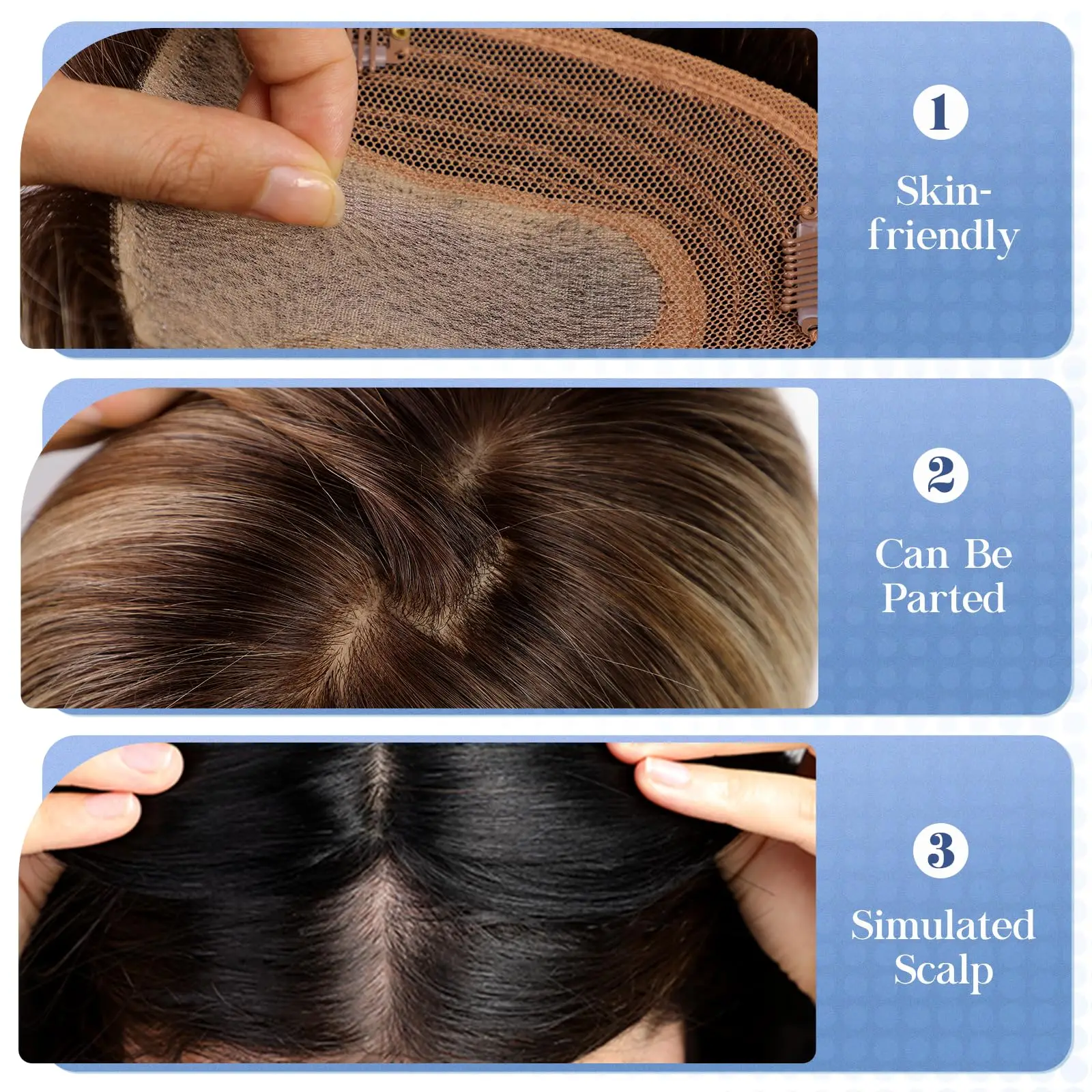 Brown Mixed Blonde Remy Human Hair Toppers Silk Base Clips in Straight 14 Inches Hairpieces Extension for Women 100% Human Hair