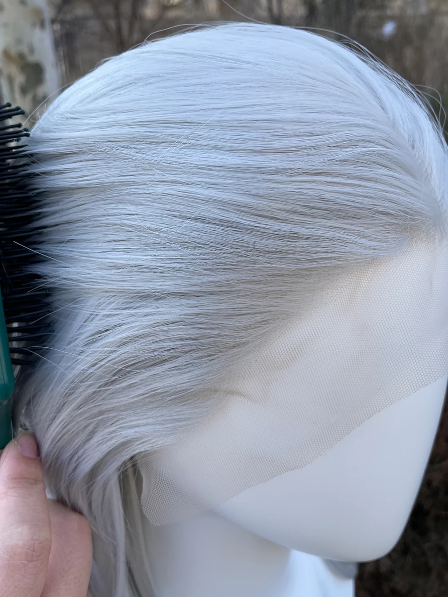 Sliver Gray 13x4 Synthetic Lace Front Wig for Women Cosplay Shoulder Length Mullet Synthetic Wigs Layers Ponytails Glueless Wigs