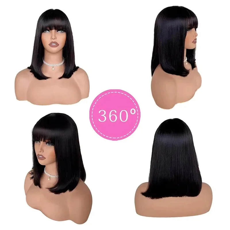 Straight Bob Wig With Bangs Machine Made Wig Natural Color Human Hair Wigs Short Bob Fringe Wigs For Women 16inch