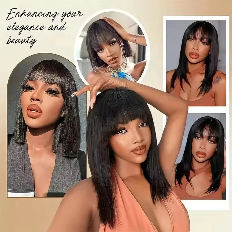 Straight Bob Wig With Bangs Machine Made Wig Natural Color Human Hair Wigs Short Bob Fringe Wigs For Women 16inch