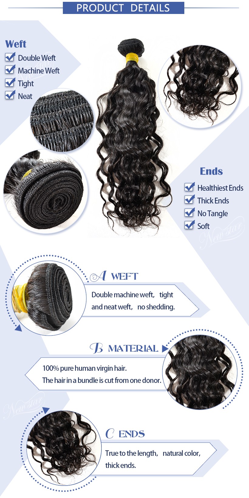 New Star Brazilian Natural Wave Virgin Human Hair 3 Bundle Thick Extension Intact Cuticle Unprocessed Water wave Hair Weaving