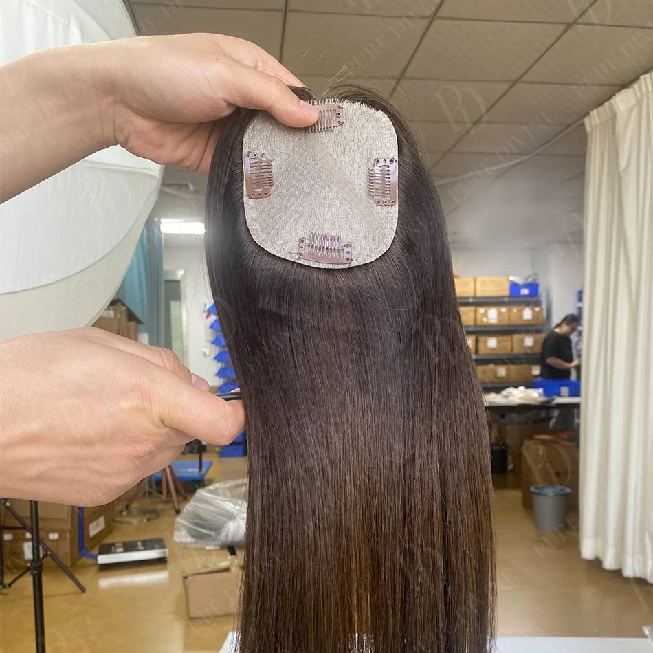 10x12cm Human Hair Topper with Silk Base 40cm Straight Clip in Hairpiece for Women Natural Scalp Simulation Thinning Hair Toupee