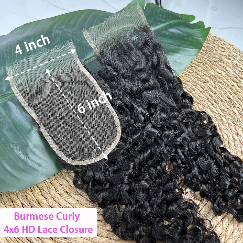 4x6 Real HD Lace Closure Burmese Curly Human Hair Preplucked Bleached Knots Invisible Lace #1B Natural Color Raw Virgin Hair