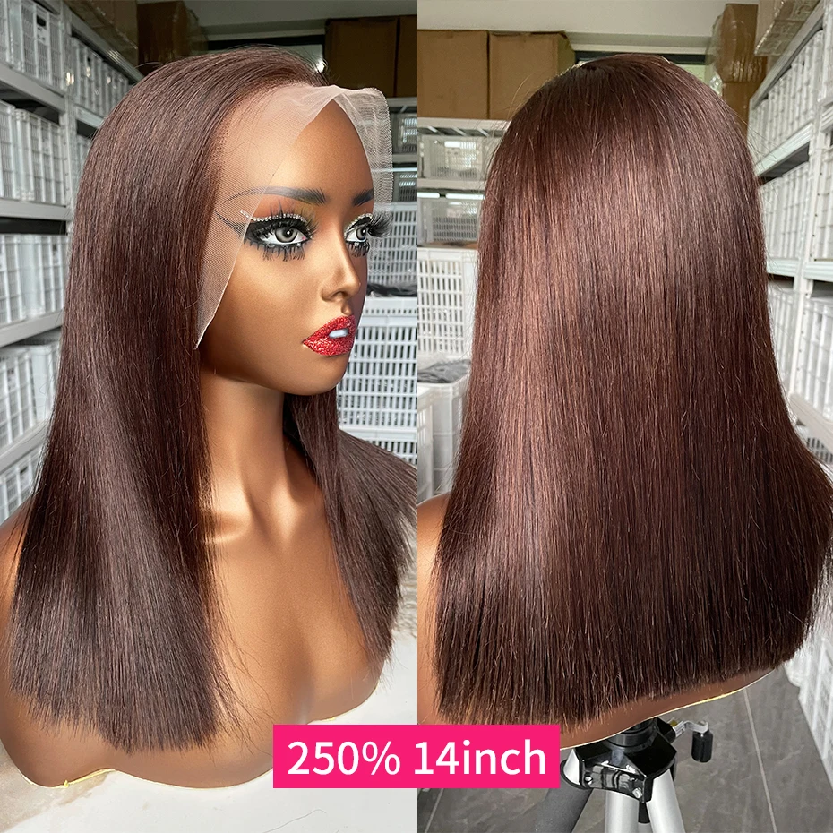 100% Raw Vietnamese Double Drawn 13x4 Bob Human Hair Wig Bone Straight Lace Frontal Human Hair Wigs #2 Brown Colored 250 Density