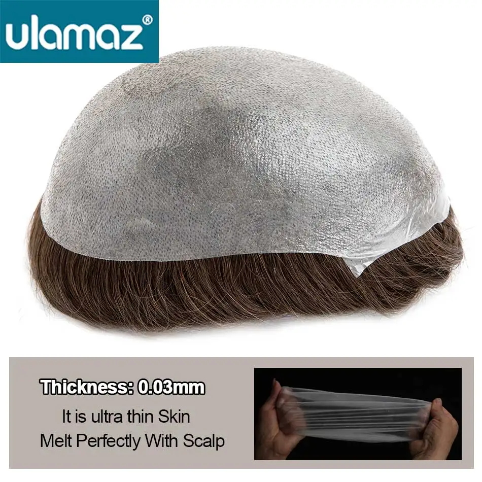 V-Loop Hair Thinnest Skin Male Hair Prosthesis 0.02-0.03mm Clear Poly PU Man Wig Toupee Human Hair Invisible Hair System For Man