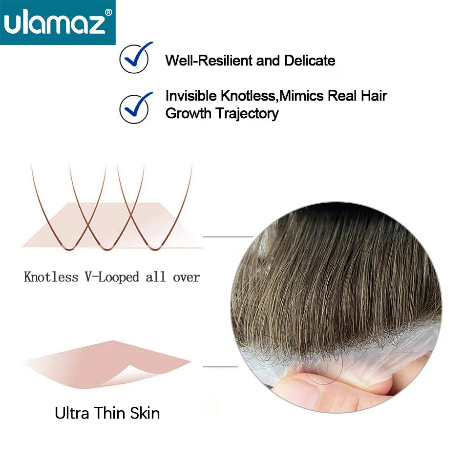 V-Loop Hair Thinnest Skin Male Hair Prosthesis 0.02-0.03mm Clear Poly PU Man Wig Toupee Human Hair Invisible Hair System For Man
