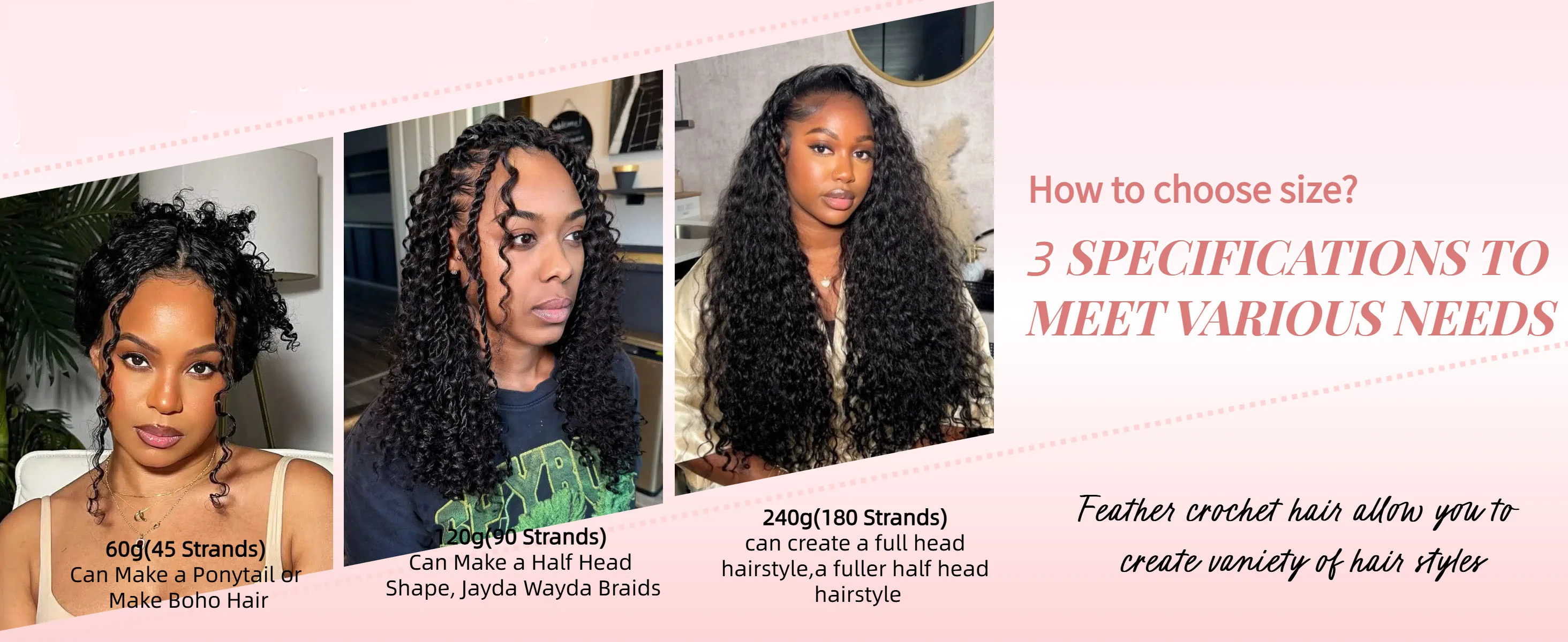 Smilegirl 1/3/4/5 Packs Burmese Curly Feather Crochet Human Hair Boho Braided Knotless Pre-Separated Natural Black Lightweight Reusable Crochet Hair Extensions