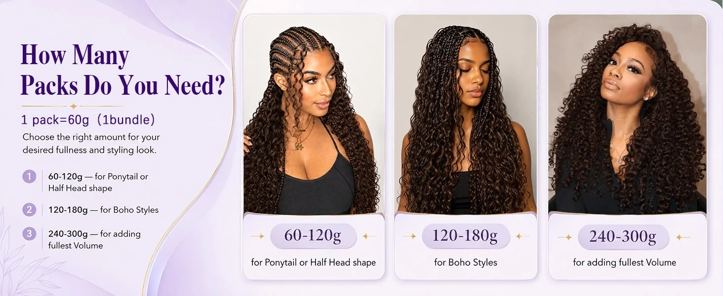 Smilegirl 1/3/4/5 Packs Burmese Curly Feather Crochet Human Hair Boho Braided Knotless Pre-Separated Natural Black Lightweight Reusable Crochet Hair Extensions