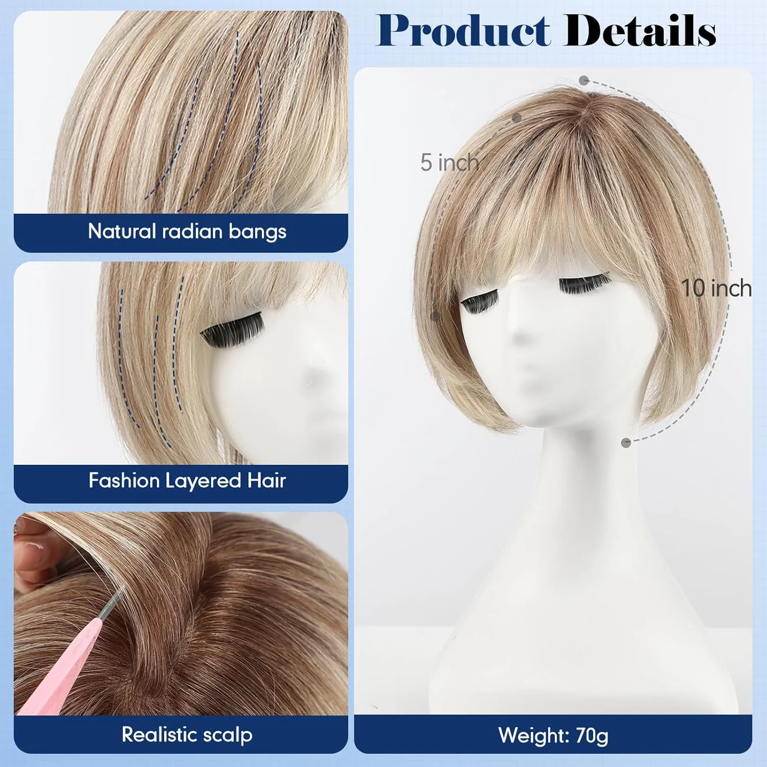 10-Inch Human Hair Topper for Women 6.5x6.5 Inch Silk Base Ombre Blonde with Brown Side-parted Short Bob Hair Topper With Bangs