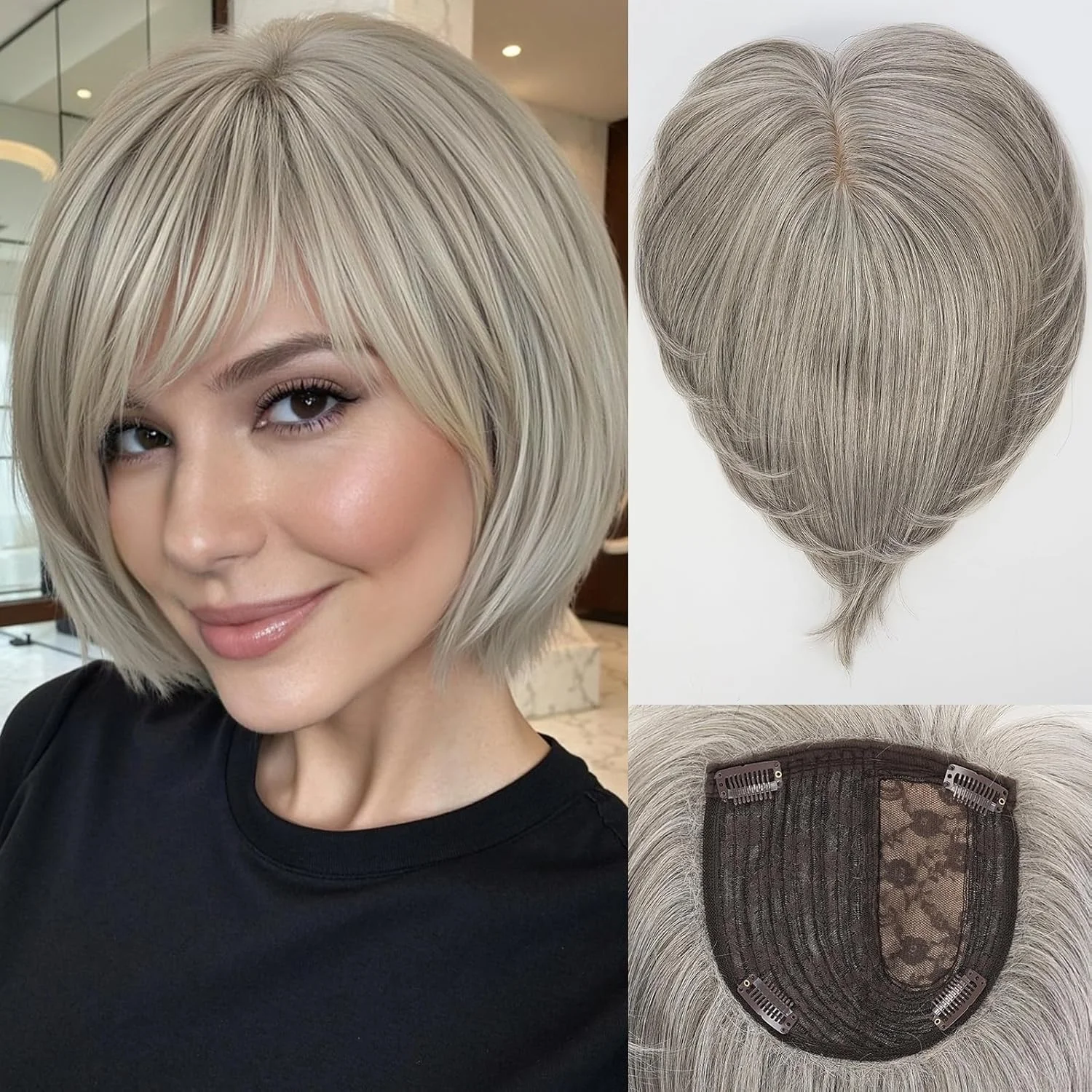 10-Inch Human Hair Topper for Women 6.5x6.5 Inch Silk Base Ombre Blonde with Brown Side-parted Short Bob Hair Topper With Bangs