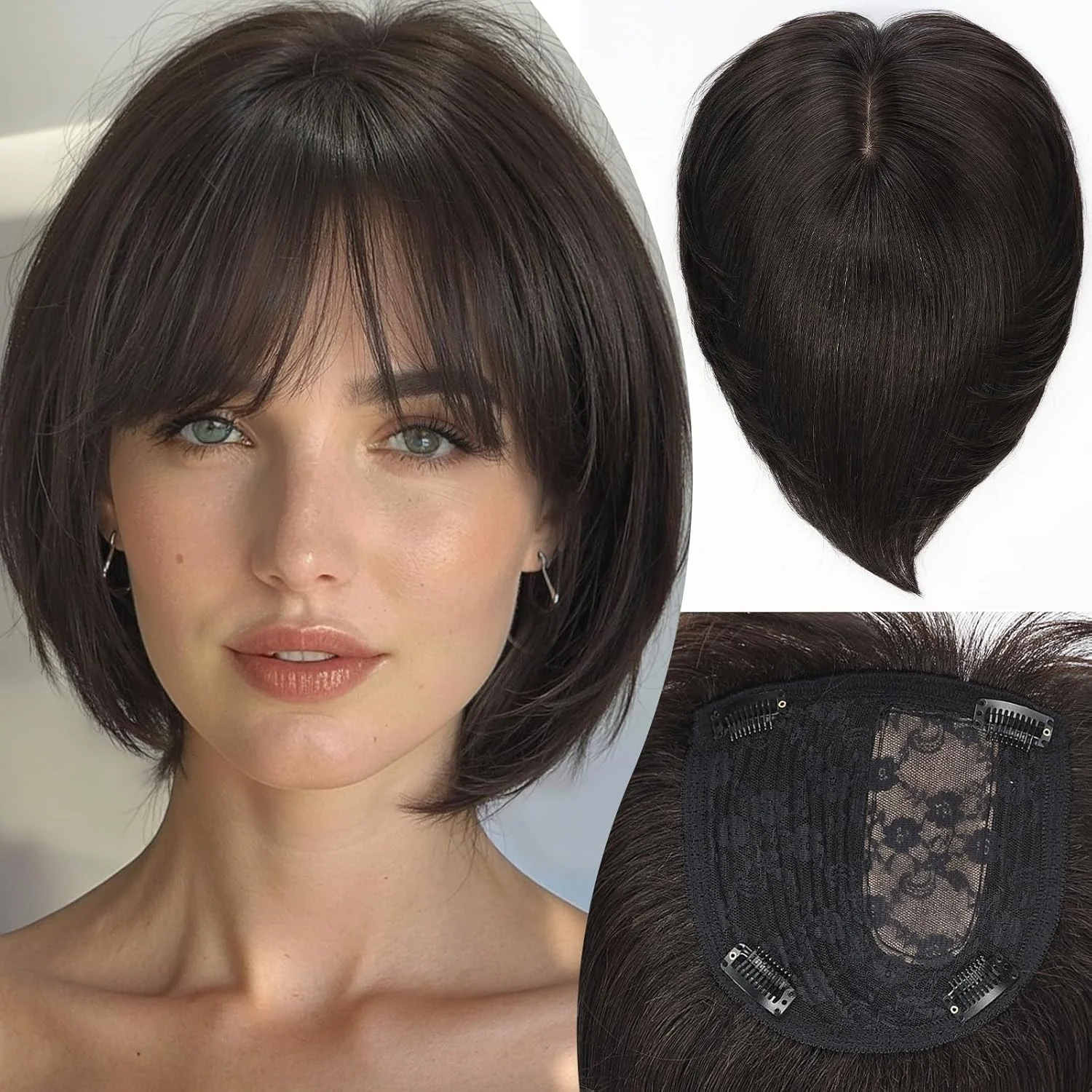 10-Inch Human Hair Topper for Women 6.5x6.5 Inch Silk Base Ombre Blonde with Brown Side-parted Short Bob Hair Topper With Bangs