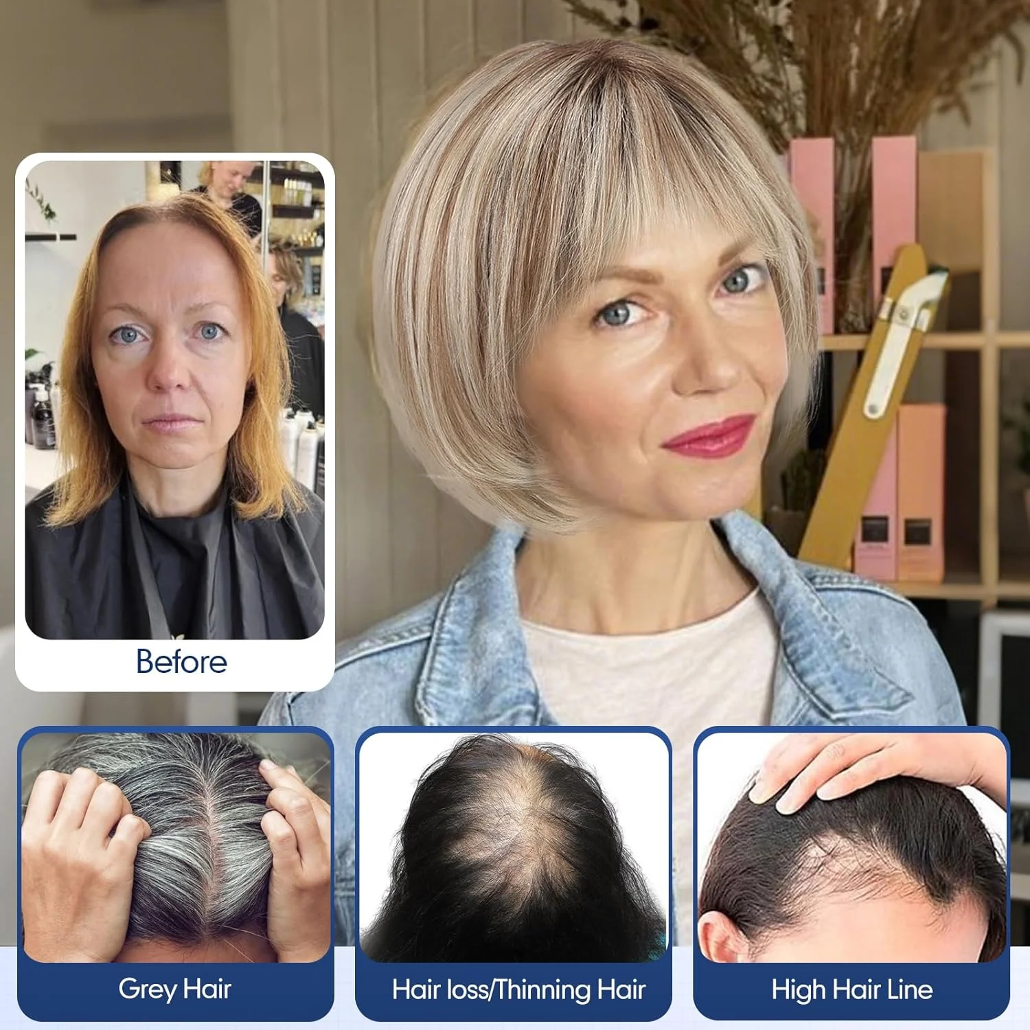 10-Inch Human Hair Topper for Women 6.5x6.5 Inch Silk Base Ombre Blonde with Brown Side-parted Short Bob Hair Topper With Bangs