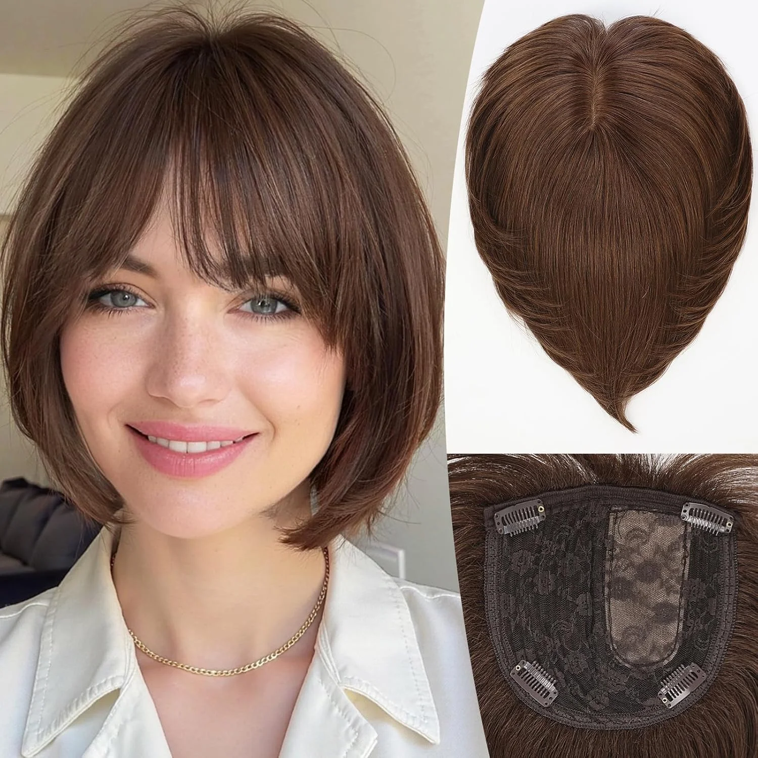 10-Inch Human Hair Topper for Women 6.5x6.5 Inch Silk Base Ombre Blonde with Brown Side-parted Short Bob Hair Topper With Bangs