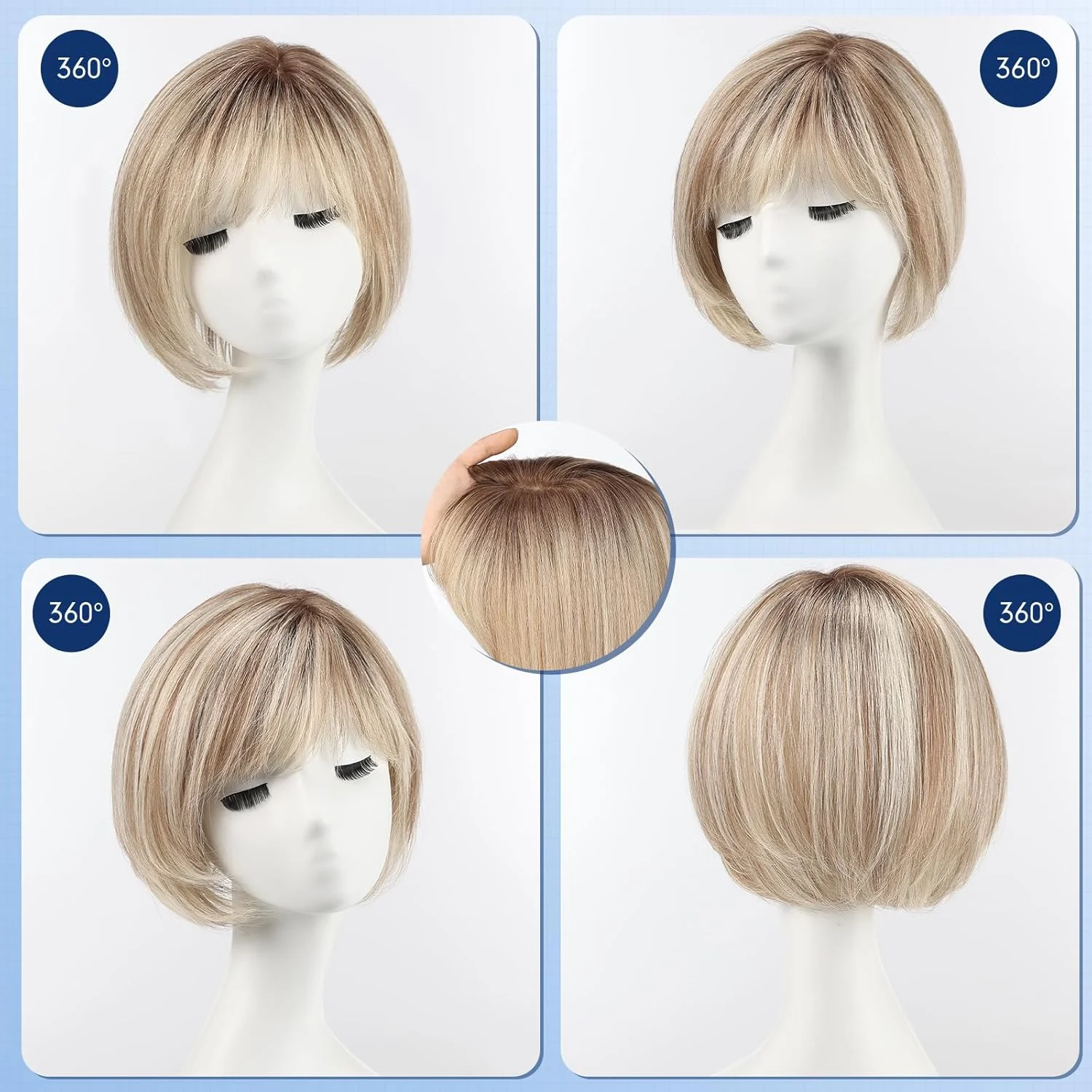 10-Inch Human Hair Topper for Women 6.5x6.5 Inch Silk Base Ombre Blonde with Brown Side-parted Short Bob Hair Topper With Bangs