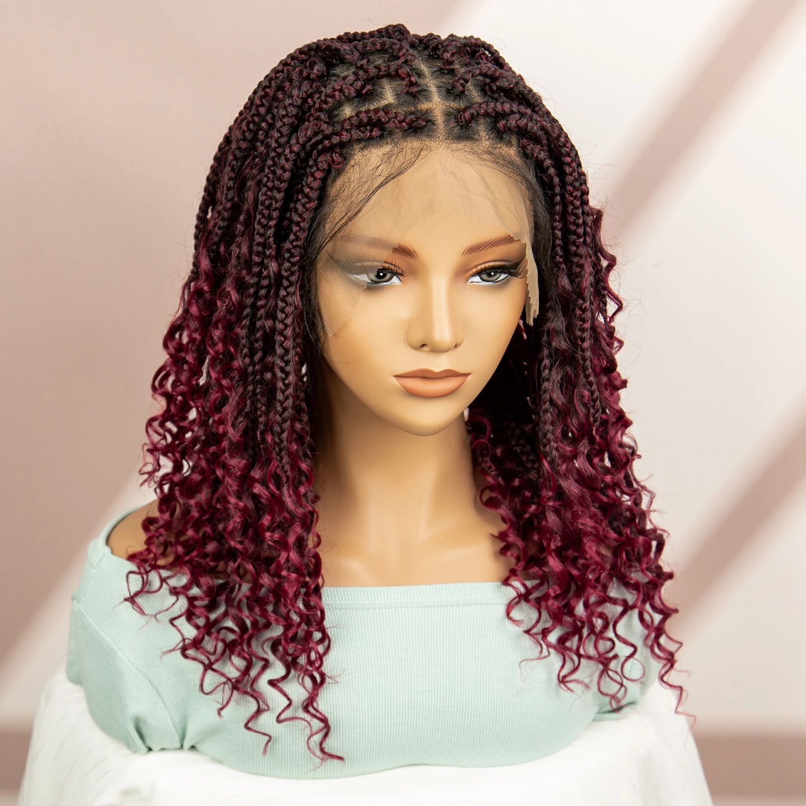 99J Burgundy Color Box Braided Wigs Synthetic Full Lace Knotless Square Box Braids Wig Curly Hair Wig for Women
