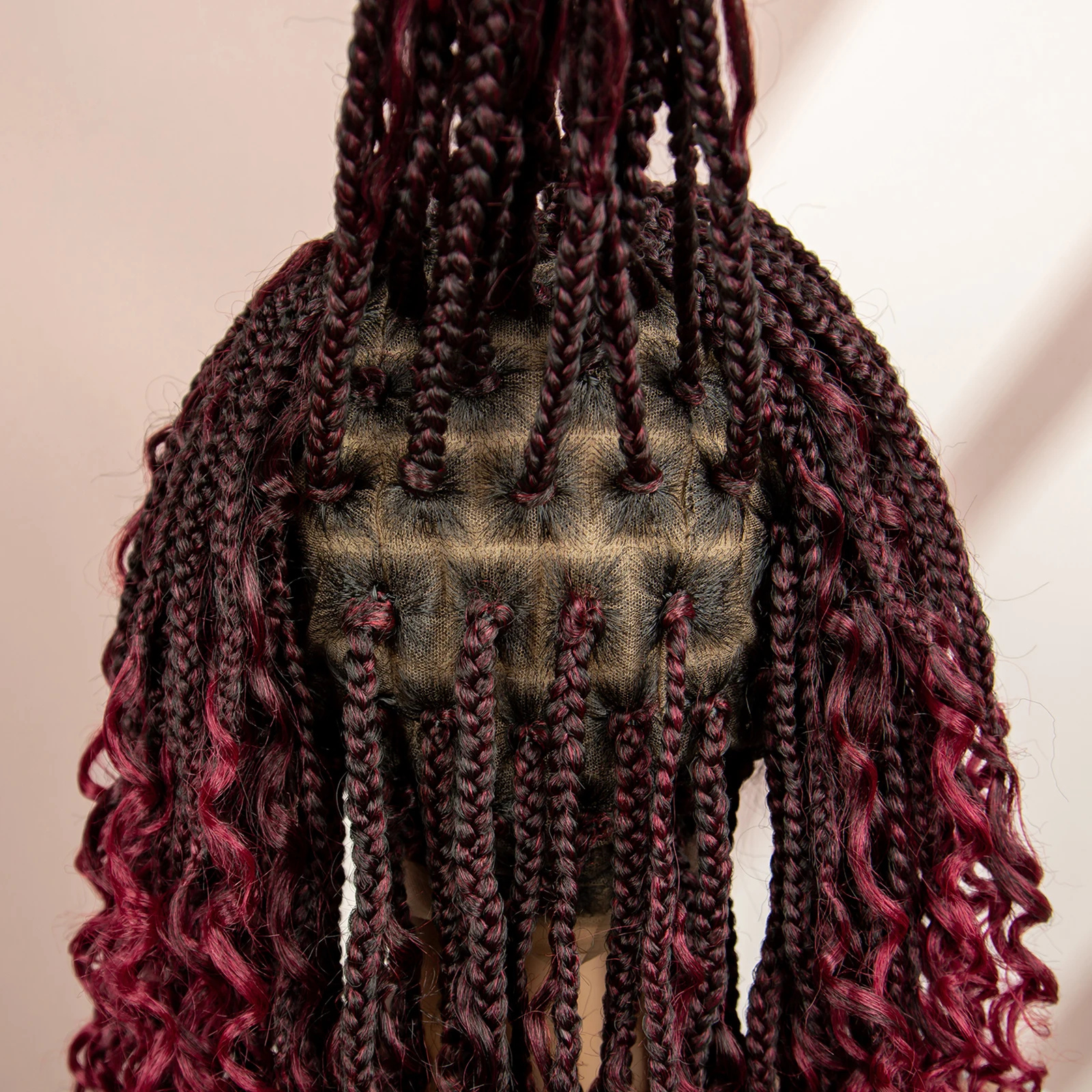 99J Burgundy Color Box Braided Wigs Synthetic Full Lace Knotless Square Box Braids Wig Curly Hair Wig for Women