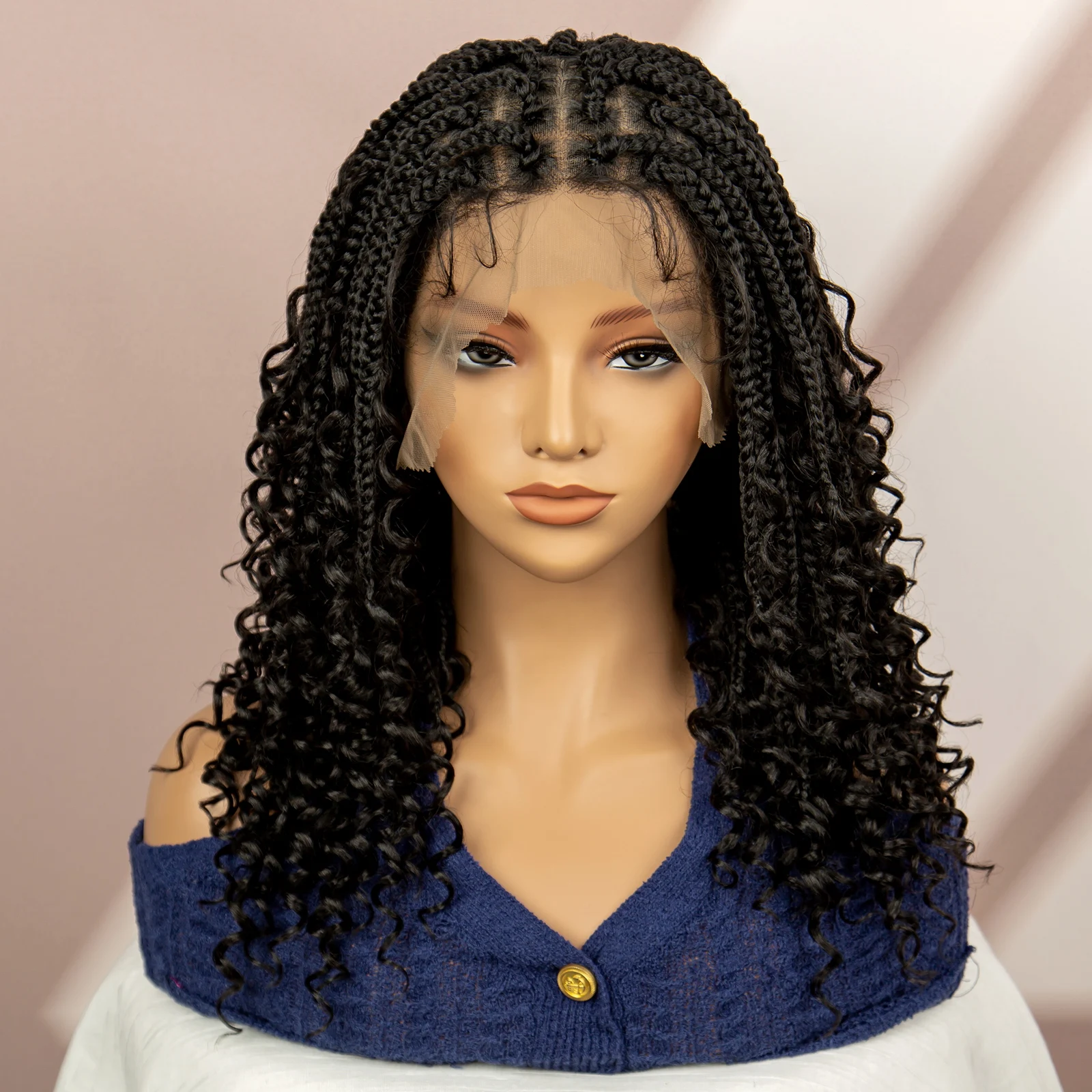 99J Burgundy Color Box Braided Wigs Synthetic Full Lace Knotless Square Box Braids Wig Curly Hair Wig for Women