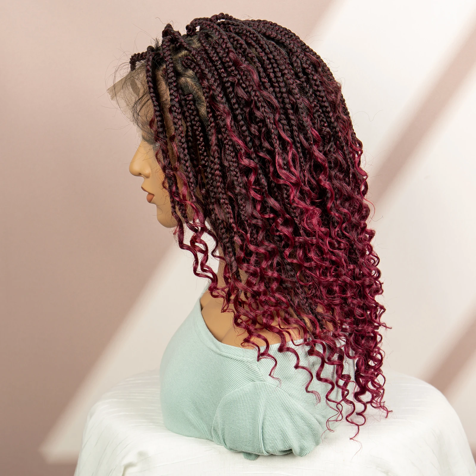99J Burgundy Color Box Braided Wigs Synthetic Full Lace Knotless Square Box Braids Wig Curly Hair Wig for Women