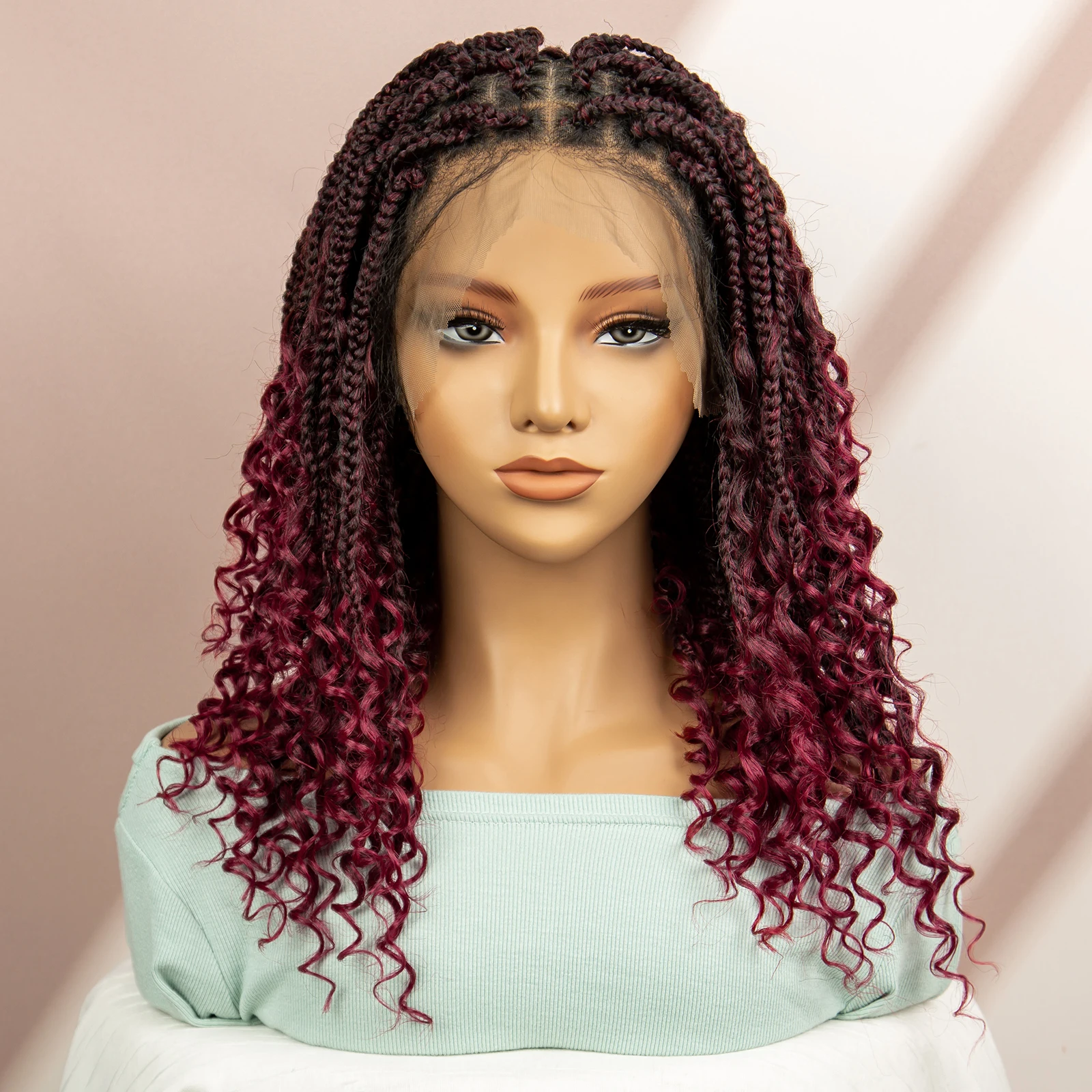 99J Burgundy Color Box Braided Wigs Synthetic Full Lace Knotless Square Box Braids Wig Curly Hair Wig for Women
