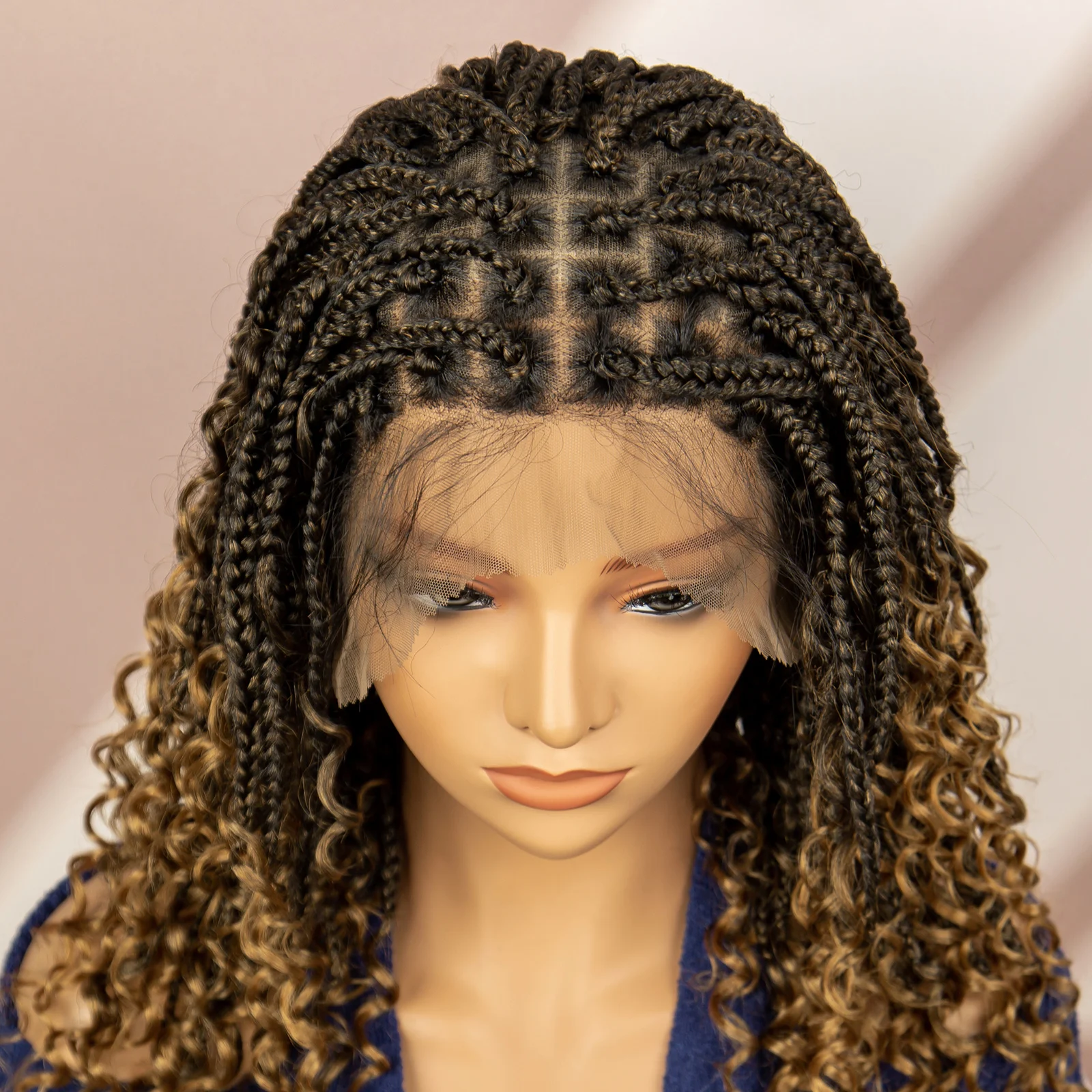 99J Burgundy Color Box Braided Wigs Synthetic Full Lace Knotless Square Box Braids Wig Curly Hair Wig for Women