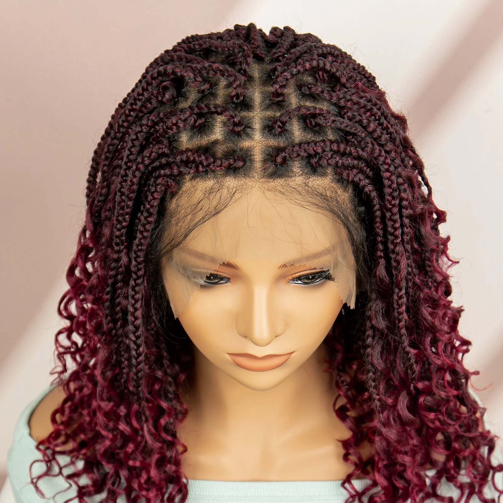 99J Burgundy Color Box Braided Wigs Synthetic Full Lace Knotless Square Box Braids Wig Curly Hair Wig for Women