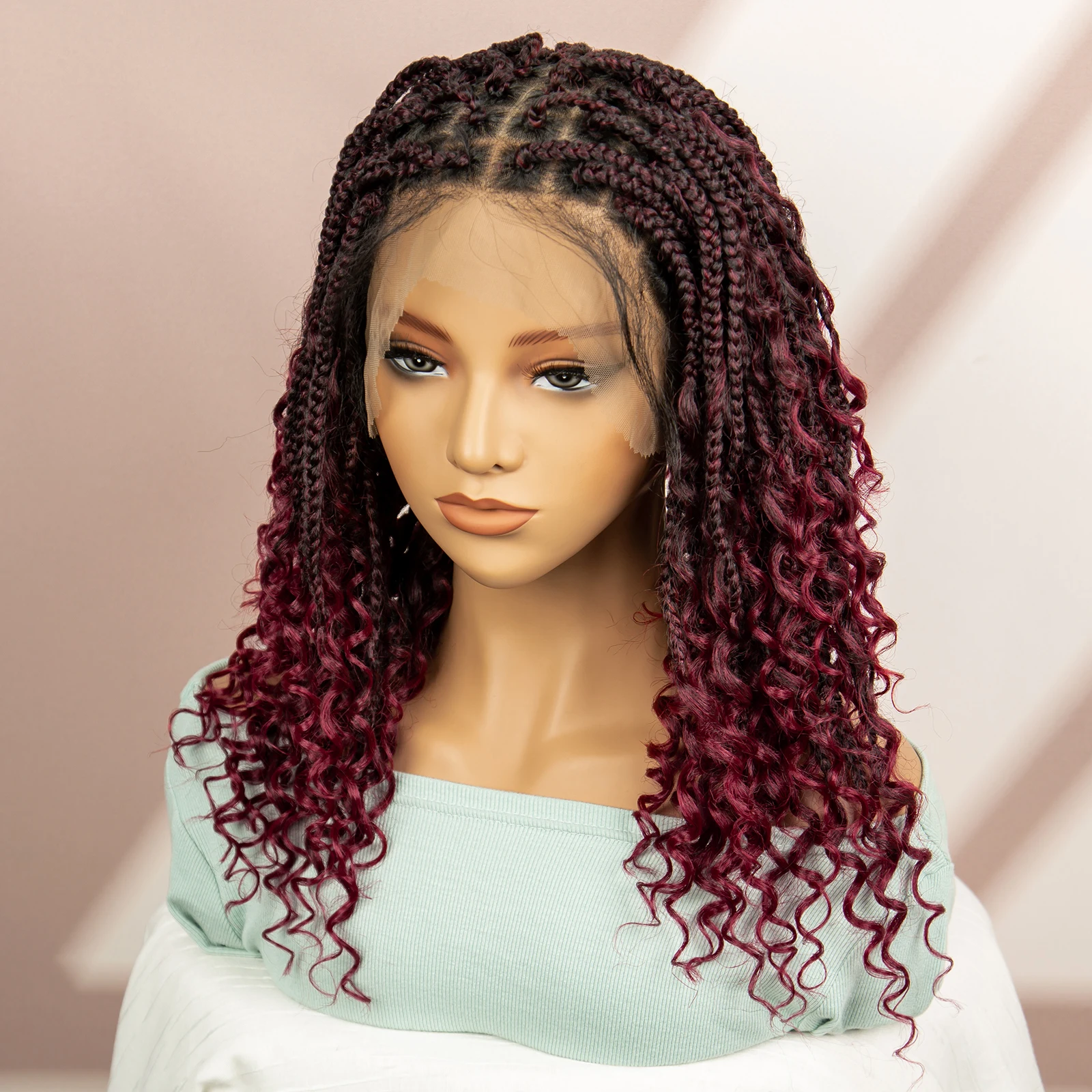 99J Burgundy Color Box Braided Wigs Synthetic Full Lace Knotless Square Box Braids Wig Curly Hair Wig for Women
