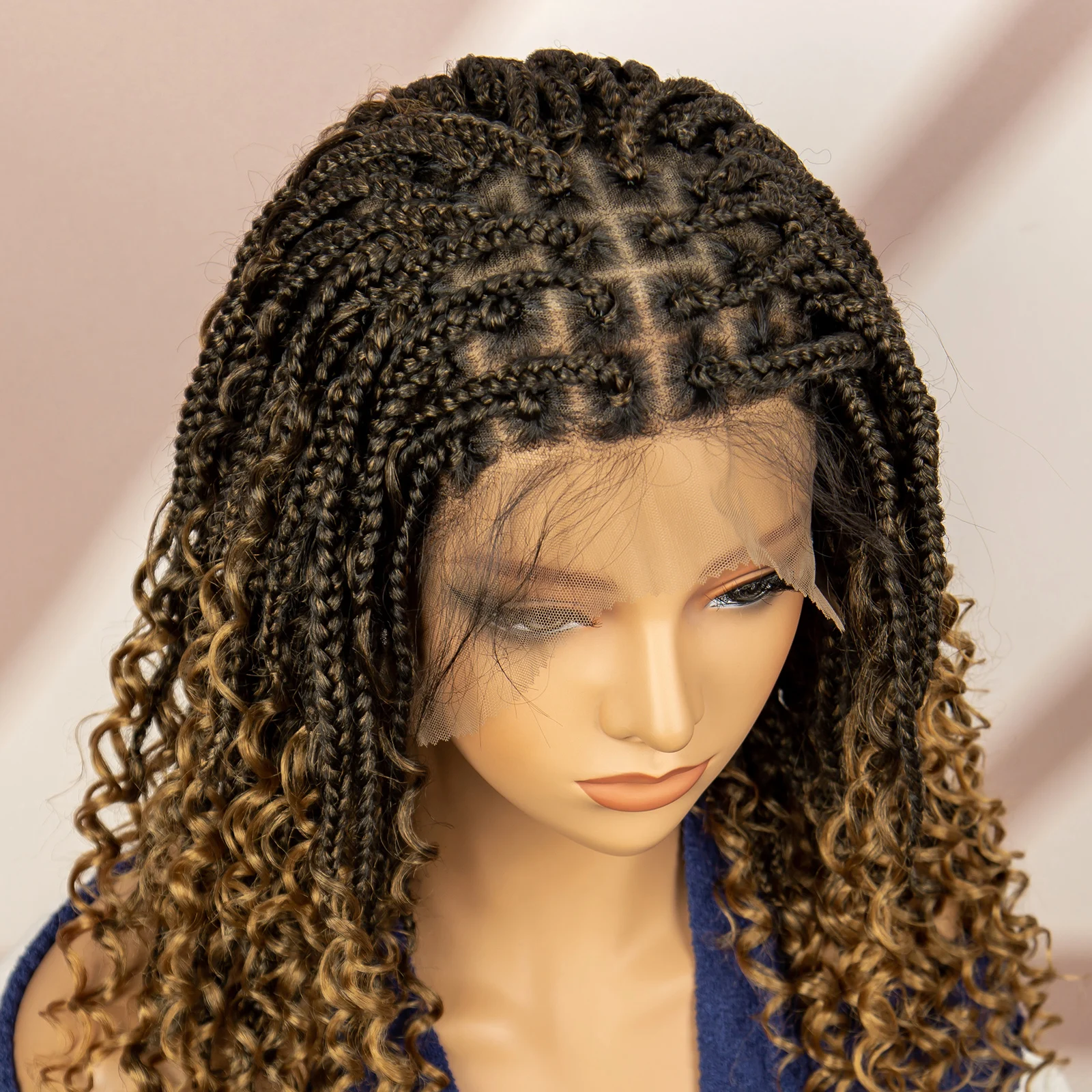 99J Burgundy Color Box Braided Wigs Synthetic Full Lace Knotless Square Box Braids Wig Curly Hair Wig for Women