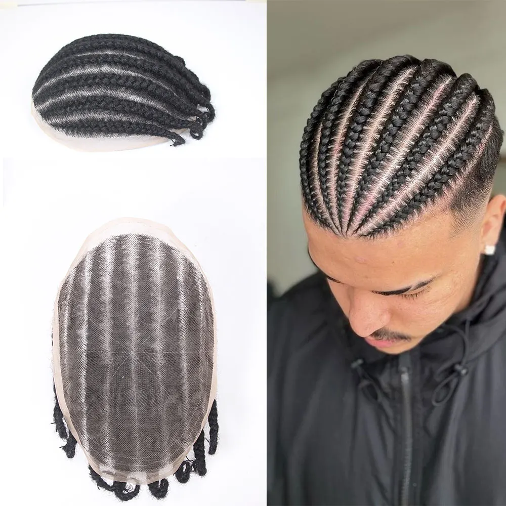 8 Cornrow Braids Afro Braids Male Hair Prosthesis V Eight Strand Braids Toupee for Men and Women Breathable Full Lace Human Hair