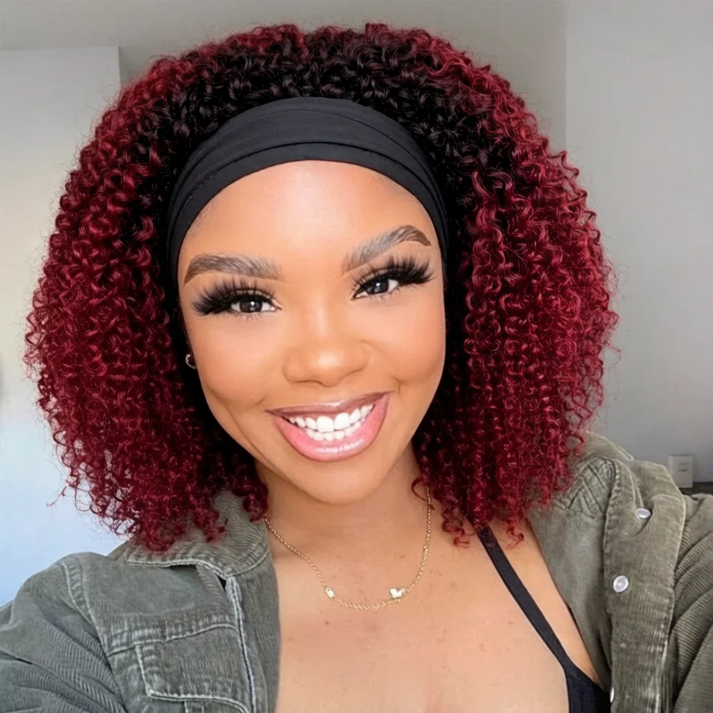 Kinky Curly Headband Wig Human Hair 250% Density, full machine made 1B Burgundy Ombre Curly Human Hair Wig for Women