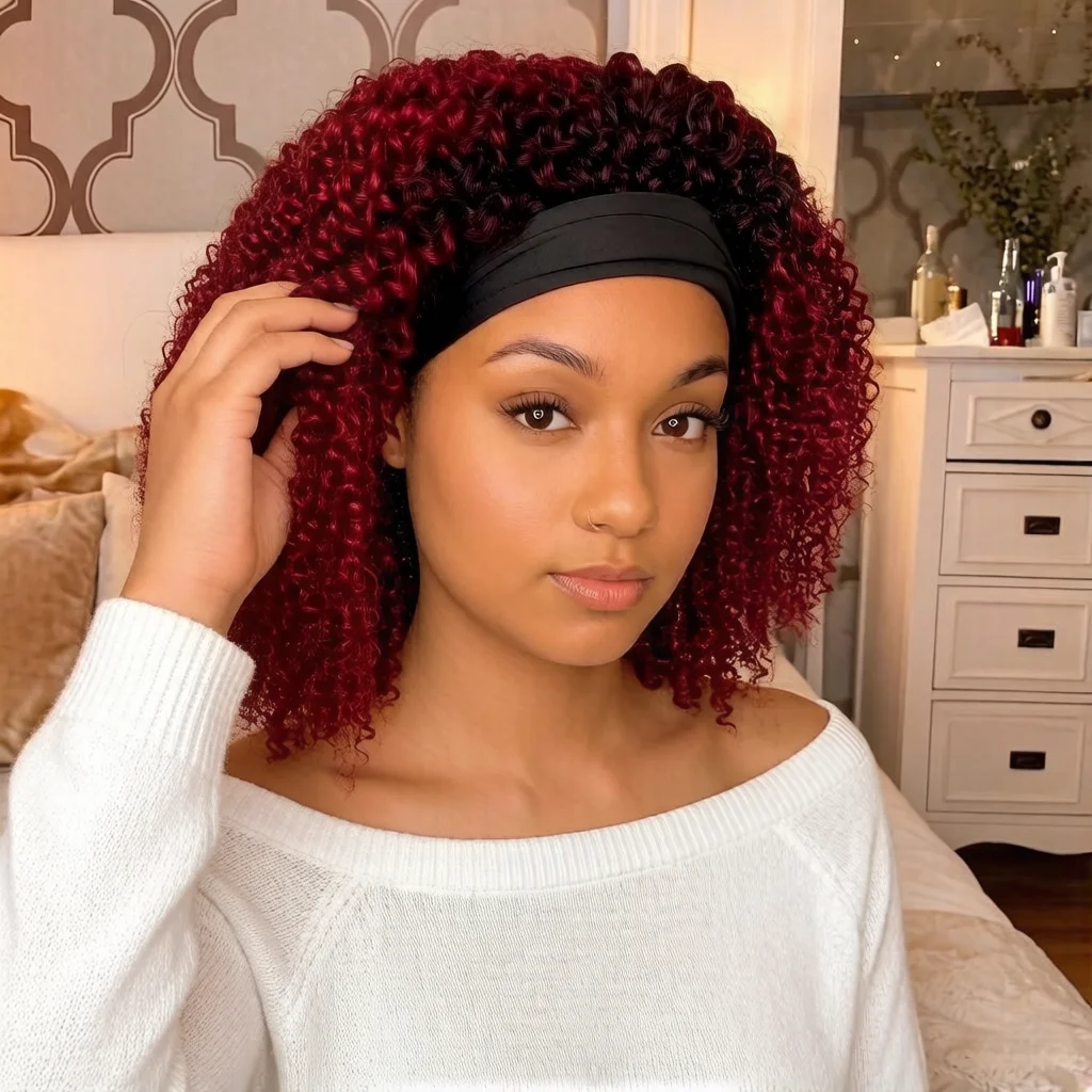 Kinky Curly Headband Wig Human Hair 250% Density, full machine made 1B Burgundy Ombre Curly Human Hair Wig for Women
