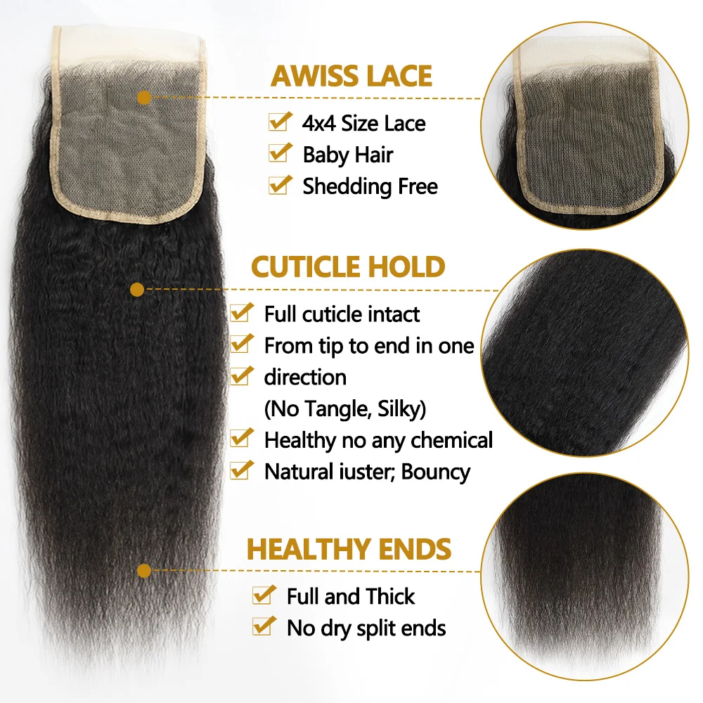 Kinky Straight Human Hair Bundles With 4x4 Transparent Lace Closure 12A Brazilian Virgin Remy Yaki Straight Weave Hair Bundles With Closure Natural Black 3 Bundles Human Hair Extensions For Black Women