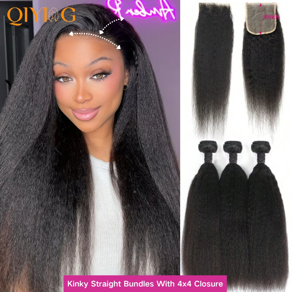 Kinky Straight Human Hair Bundles With 4x4 Transparent Lace Closure 12A Brazilian Virgin Remy Yaki Straight Weave Hair Bundles With Closure Natural Black 3 Bundles Human Hair Extensions For Black Women