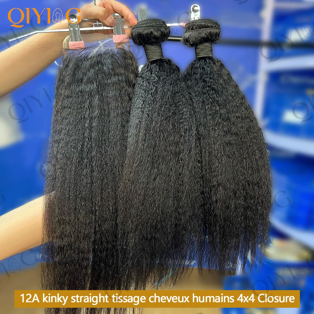 Kinky Straight Human Hair Bundles With 4x4 Transparent Lace Closure 12A Brazilian Virgin Remy Yaki Straight Weave Hair Bundles With Closure Natural Black 3 Bundles Human Hair Extensions For Black Women