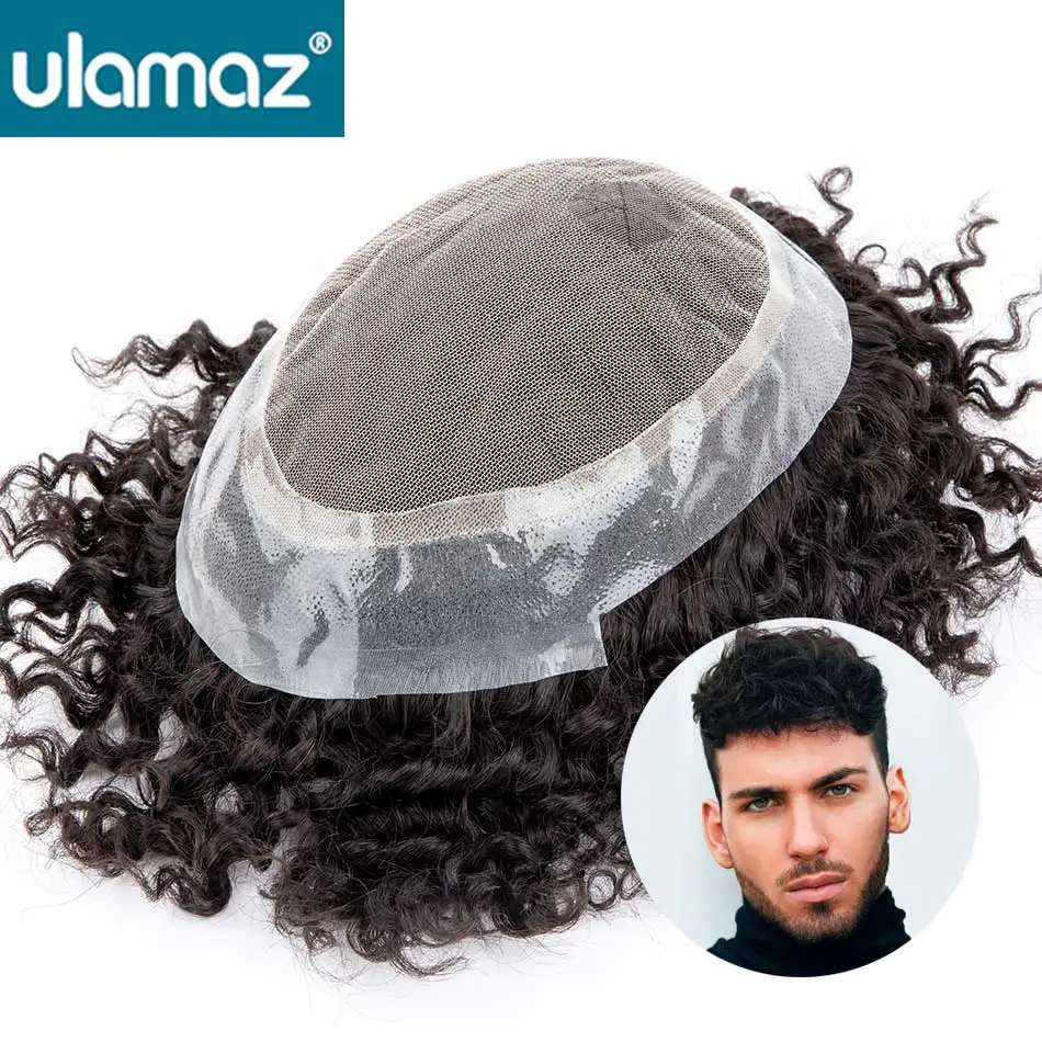 Australia Toupee Hair Men Curly Hair System For Men Pu Skin Lace Men Wig Natural Male Hair Prosthesis Indian Human Hair Man Wig