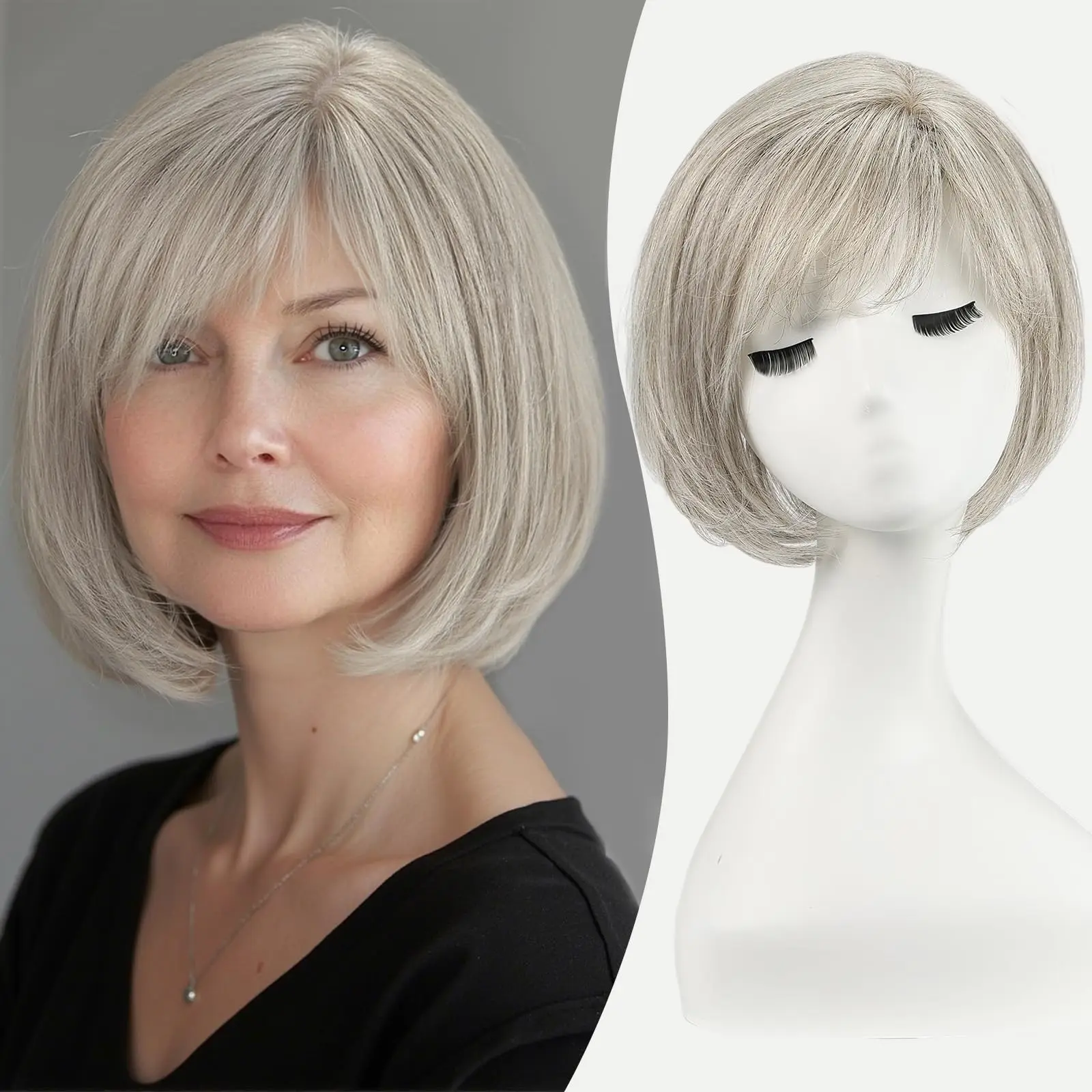 10inch Ombre Brown Blonde Human Hair Toppers 6.5*6.5inch Large Base Bob Hair Wig Toppers 4 Clips with Bangs Side Part for Women