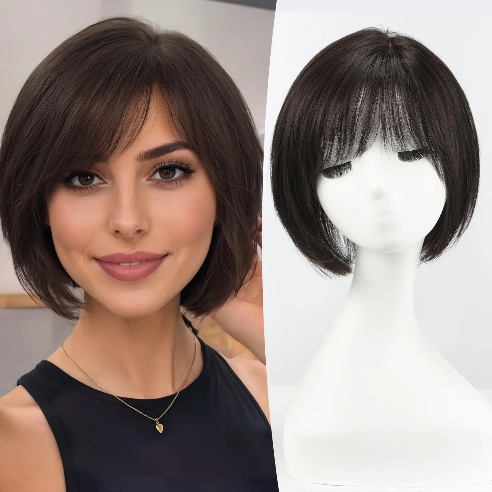 10inch Ombre Brown Blonde Human Hair Toppers 6.5*6.5inch Large Base Bob Hair Wig Toppers 4 Clips with Bangs Side Part for Women