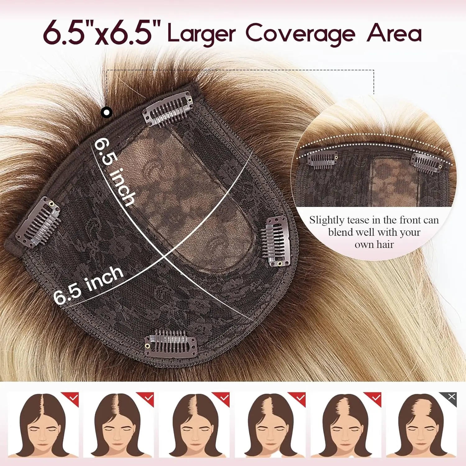 10inch Ombre Brown Blonde Human Hair Toppers 6.5*6.5inch Large Base Bob Hair Wig Toppers 4 Clips with Bangs Side Part for Women