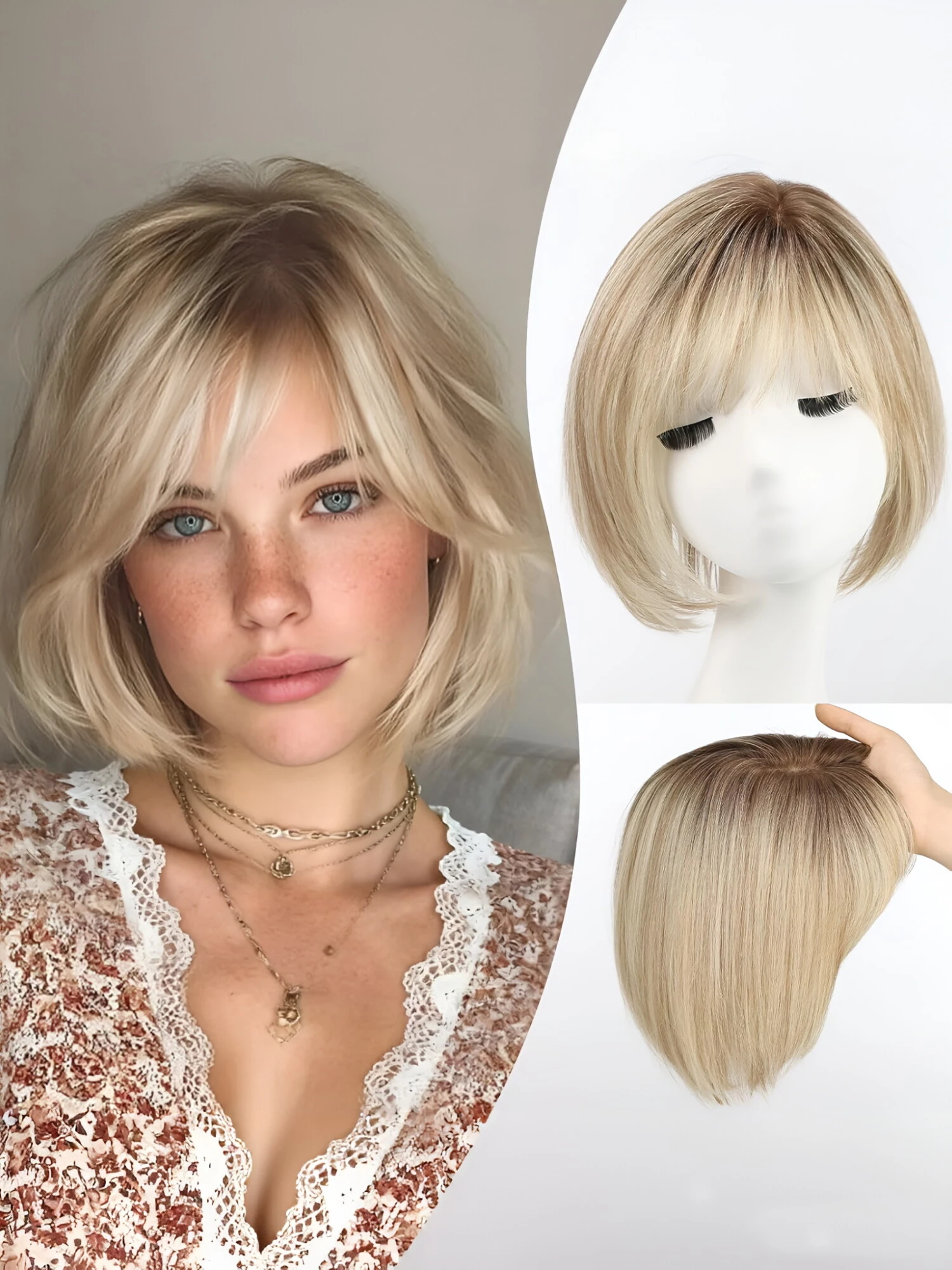 10inch Ombre Brown Blonde Human Hair Toppers 6.5*6.5inch Large Base Bob Hair Wig Toppers 4 Clips with Bangs Side Part for Women