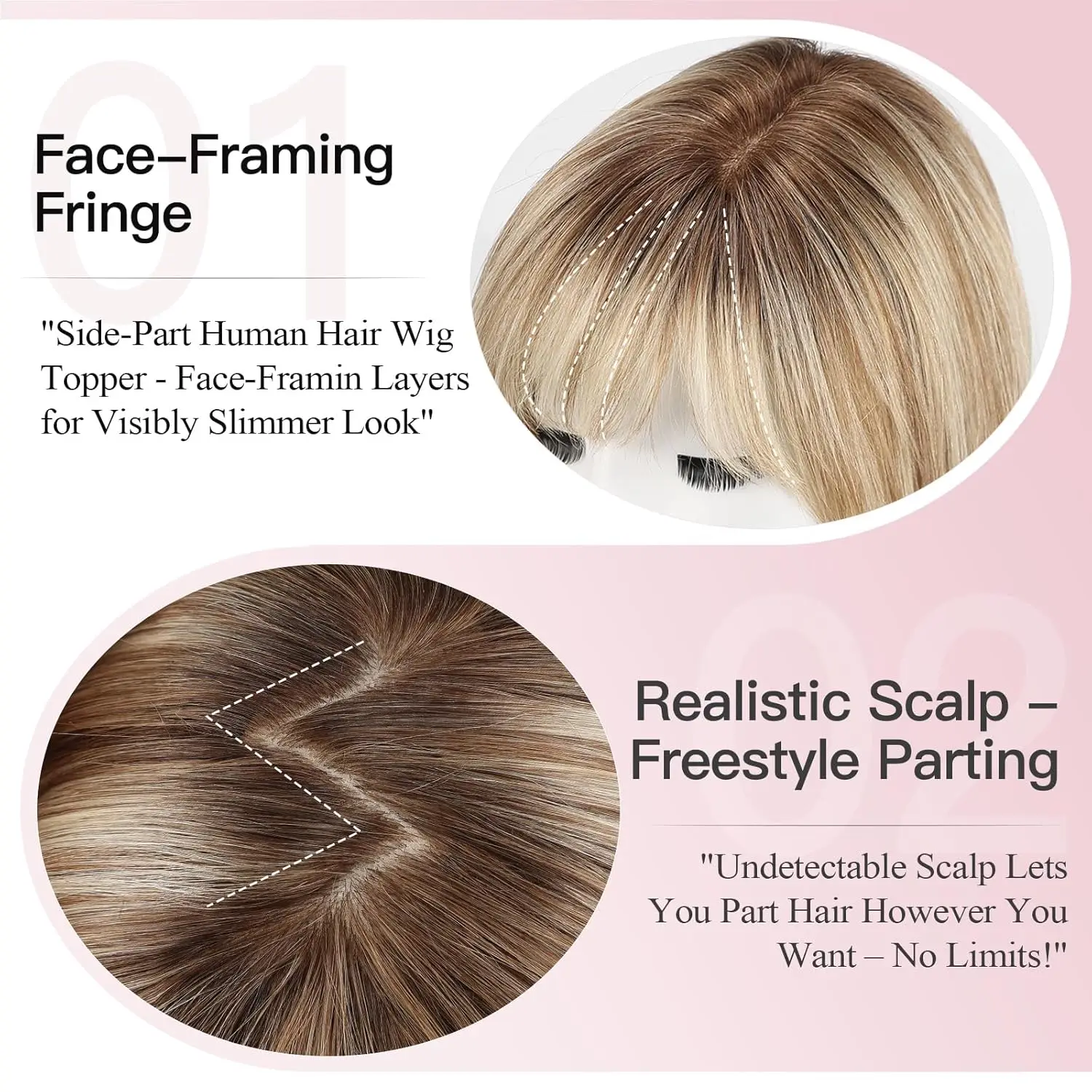 10inch Ombre Brown Blonde Human Hair Toppers 6.5*6.5inch Large Base Bob Hair Wig Toppers 4 Clips with Bangs Side Part for Women