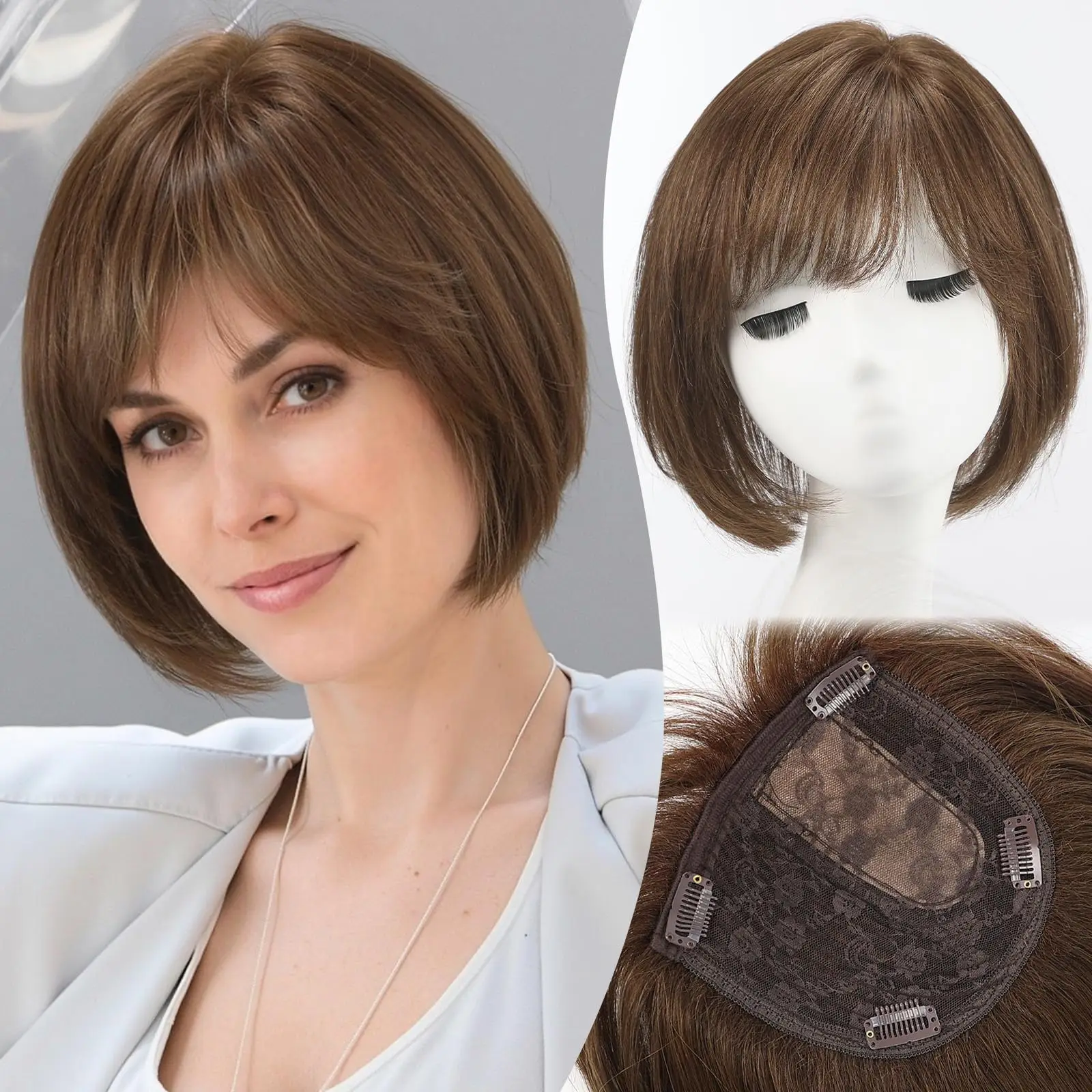 10inch Ombre Brown Blonde Human Hair Toppers 6.5*6.5inch Large Base Bob Hair Wig Toppers 4 Clips with Bangs Side Part for Women