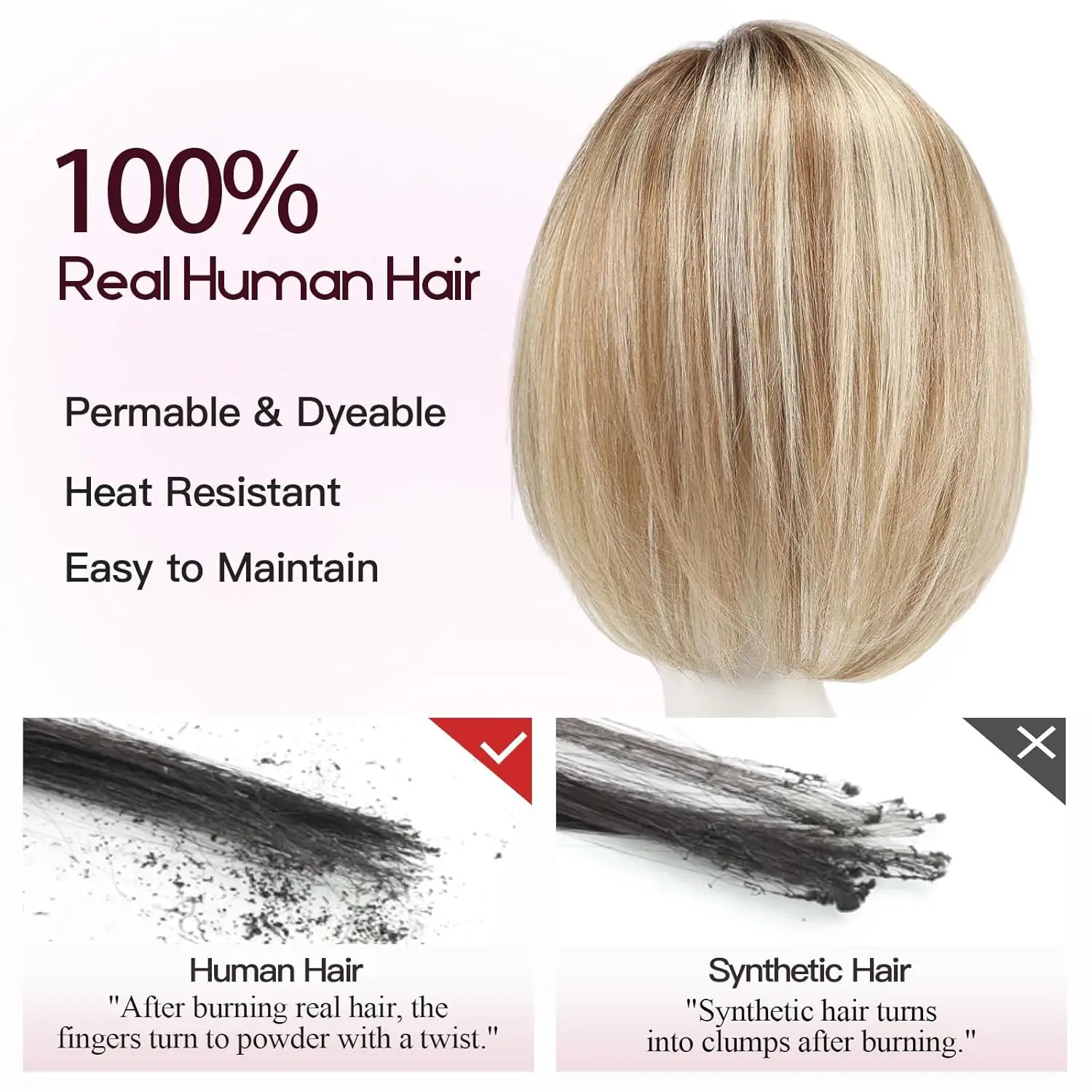10inch Ombre Brown Blonde Human Hair Toppers 6.5*6.5inch Large Base Bob Hair Wig Toppers 4 Clips with Bangs Side Part for Women