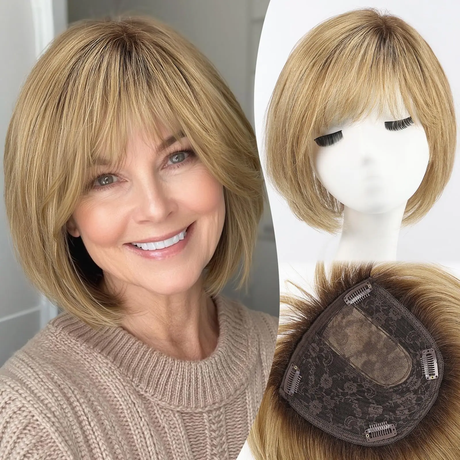 10inch Ombre Brown Blonde Human Hair Toppers 6.5*6.5inch Large Base Bob Hair Wig Toppers 4 Clips with Bangs Side Part for Women