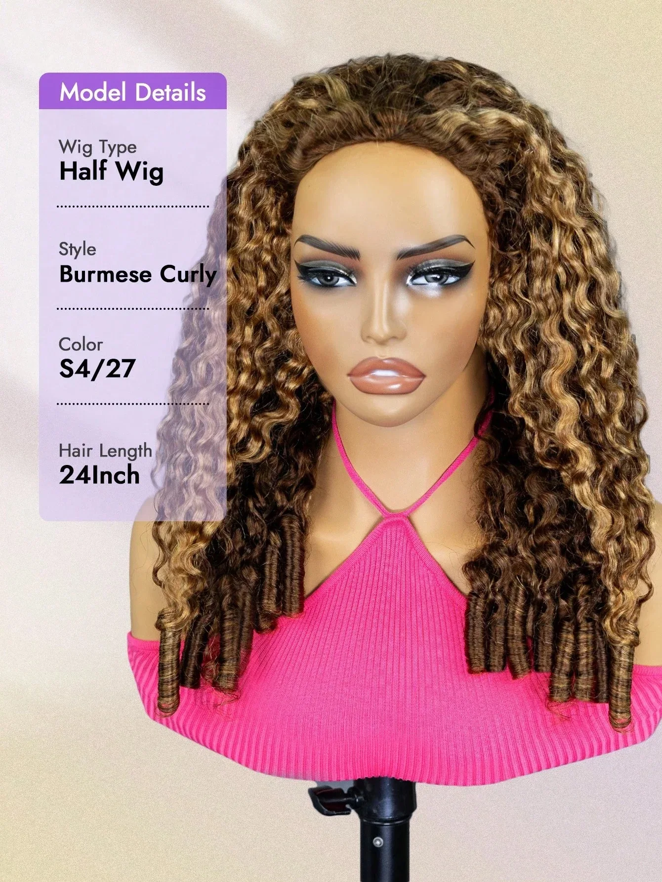 30 Inch Highlight Burmese Curly Half Wig Human Hair Wear and Go Wigs P4/27 Omber Brown to Honey Blonde 3-in-1 Machine Curly Wig 210 Density